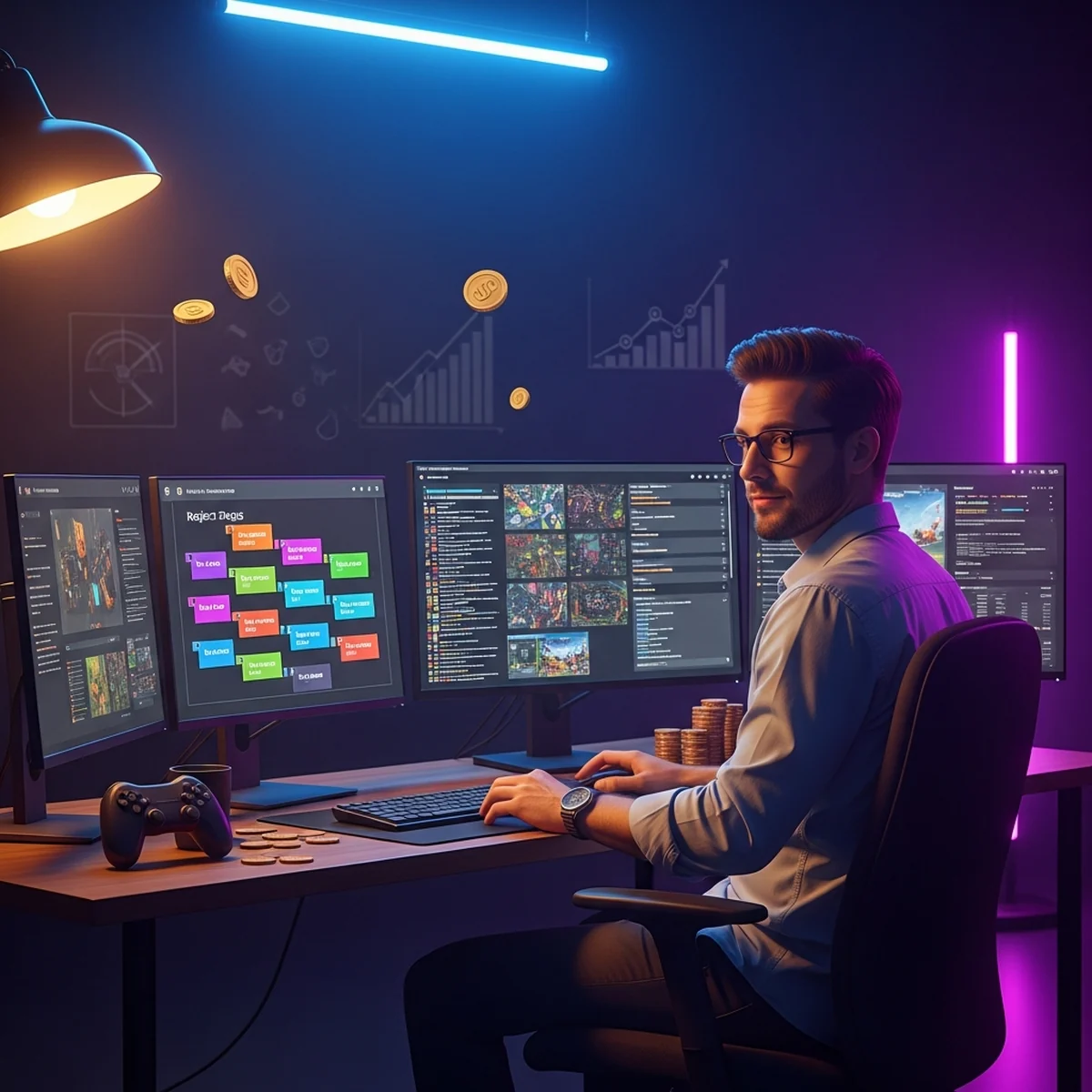 Produtor de jogos em frente a um quadro kanban e monitores com builds de um jogo em desenvolvimento