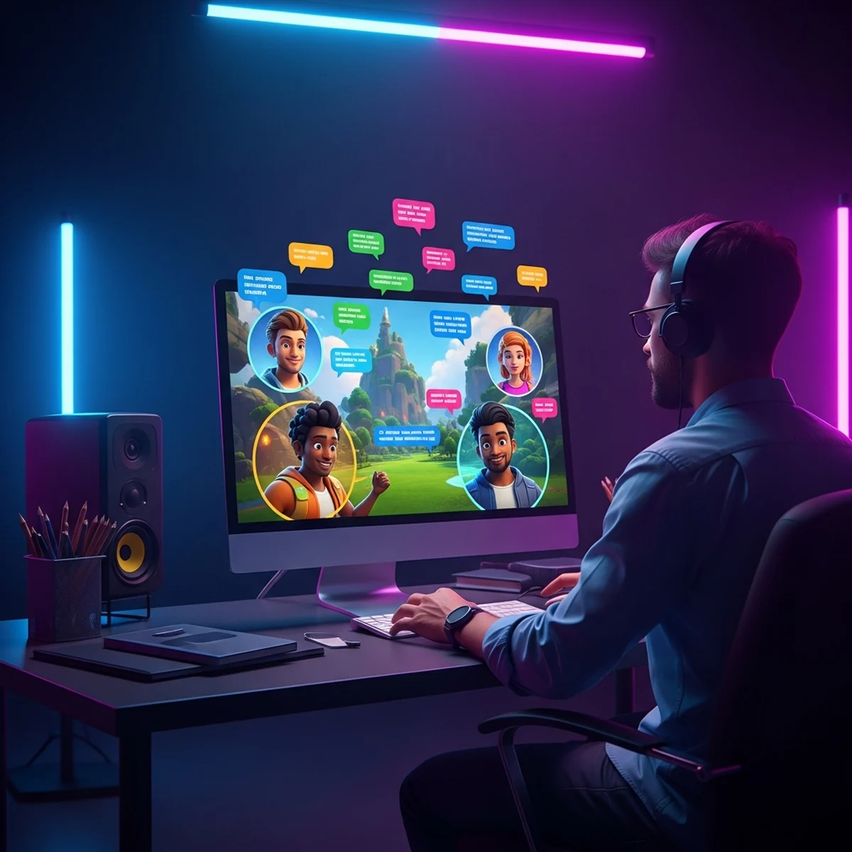 Level designer diante de duas telas montando o layout de uma fase com blocos cinza e um mapa de percurso ao lado