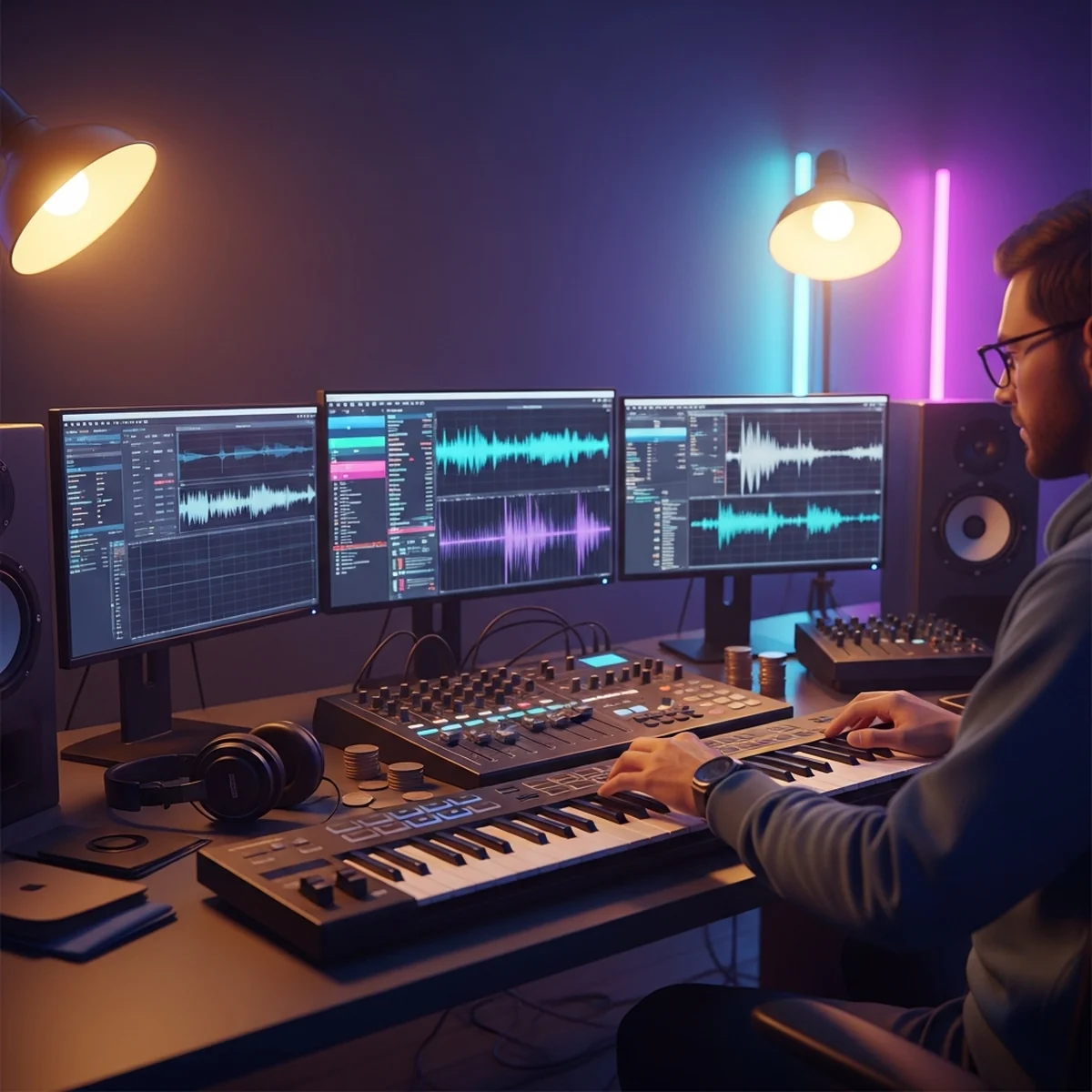 Sound designer trabalhando em uma estação de áudio com fones de ouvido, mixer e formas de onda na tela do computador