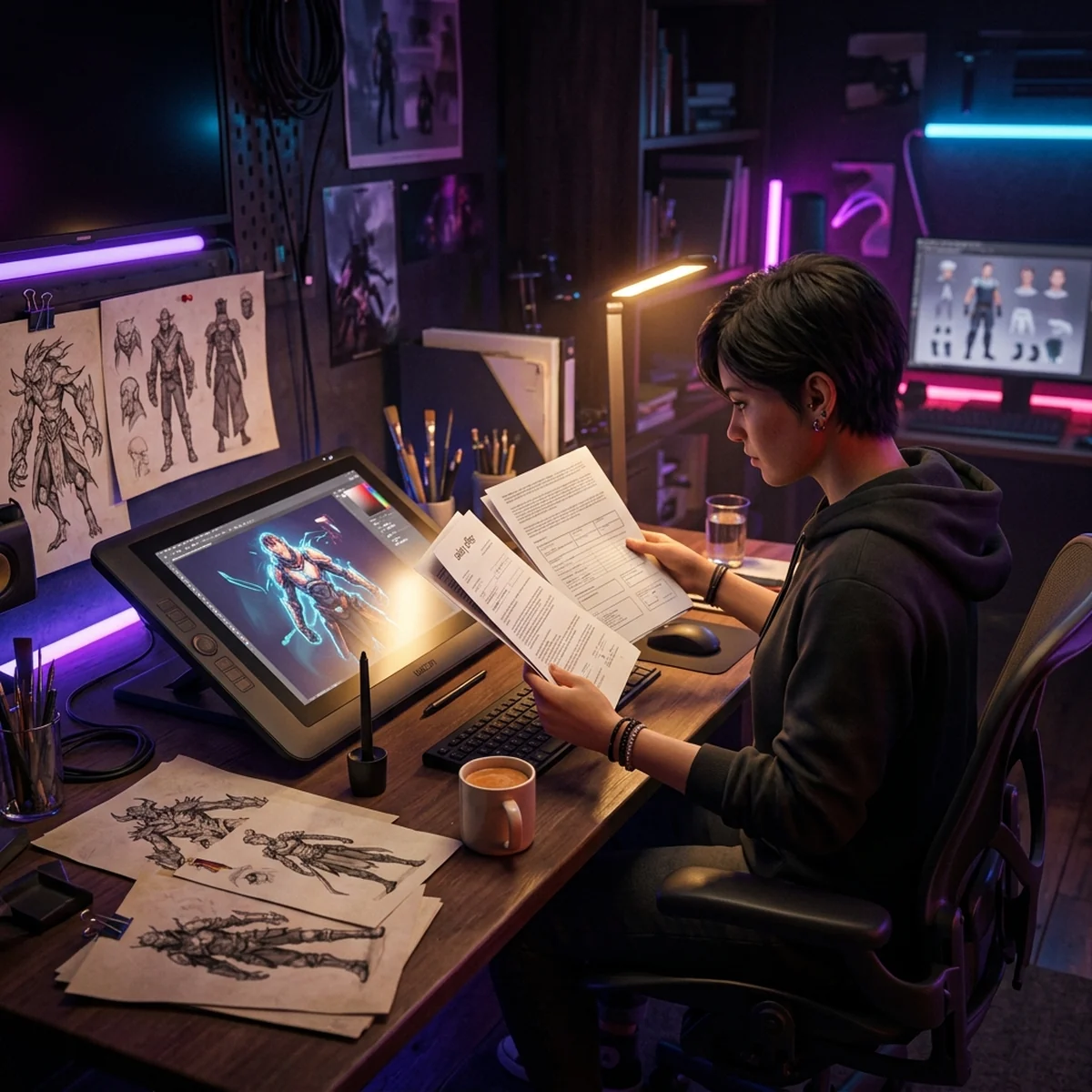 Concept artist pintando um personagem em mesa digitalizadora, com variações de silhueta na tela e anotações de valores de salário em um caderno ao lado