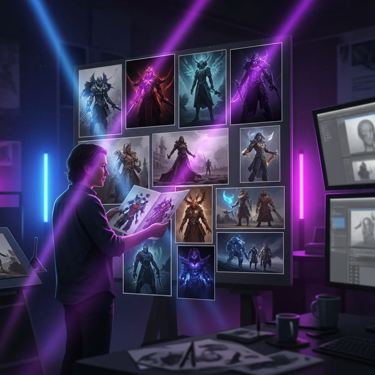 Diretor de arte de jogos em reunião de revisão visual, apontando para pranchas de concept art ao lado de um quadro com paleta de cores e anotações de produção