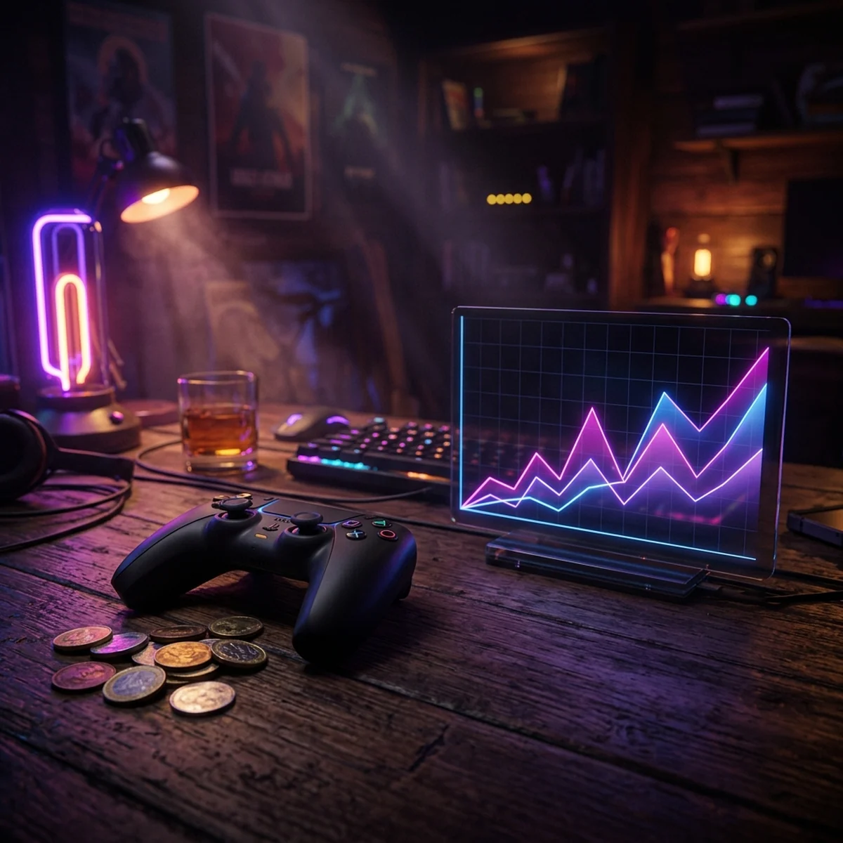 Desenvolvedor indie planejando orçamento de marketing do jogo em uma mesa com anotações