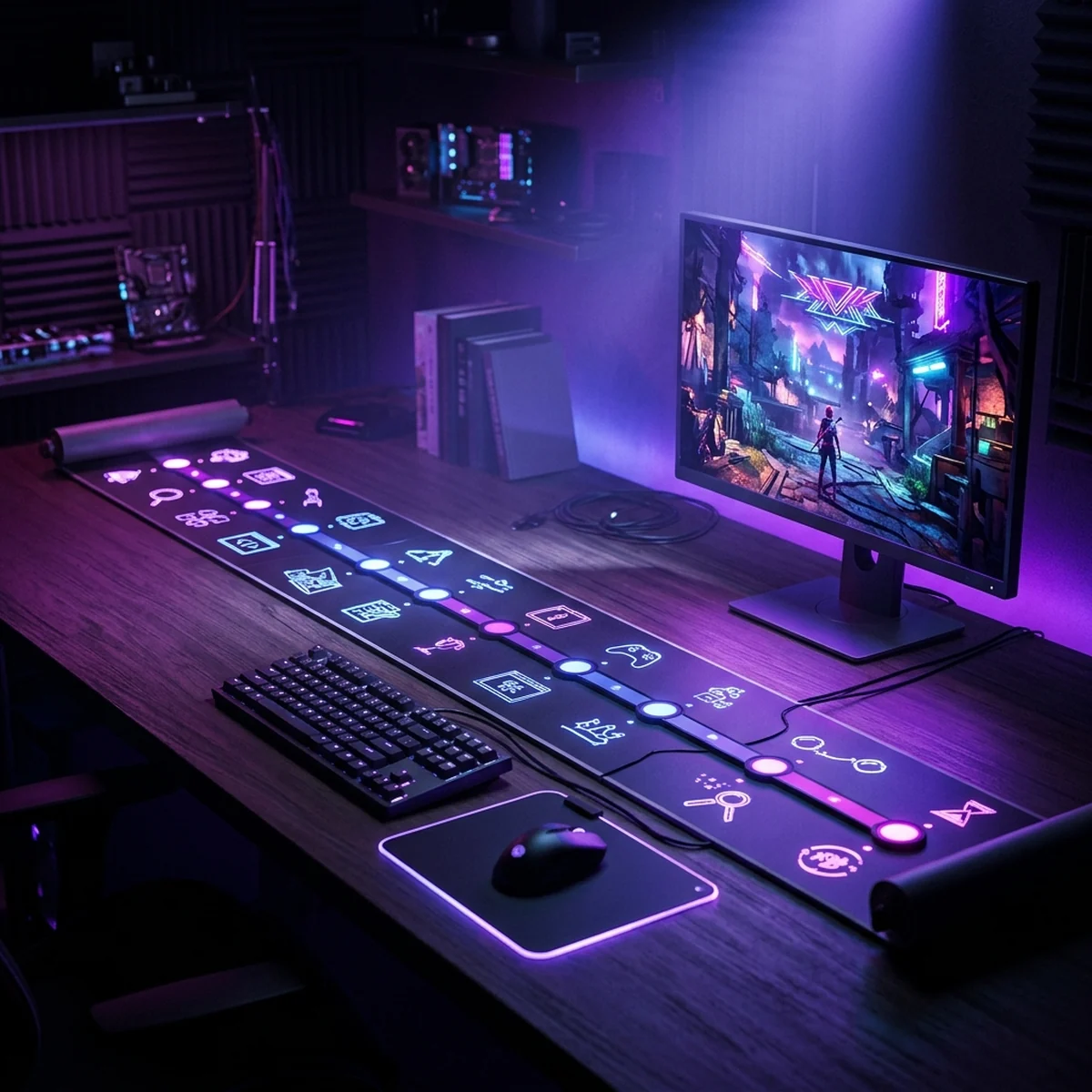 Linha do tempo sobre uma mesa mostrando etapas de estudo e, no fim, um jogo finalizado rodando numa tela de computador