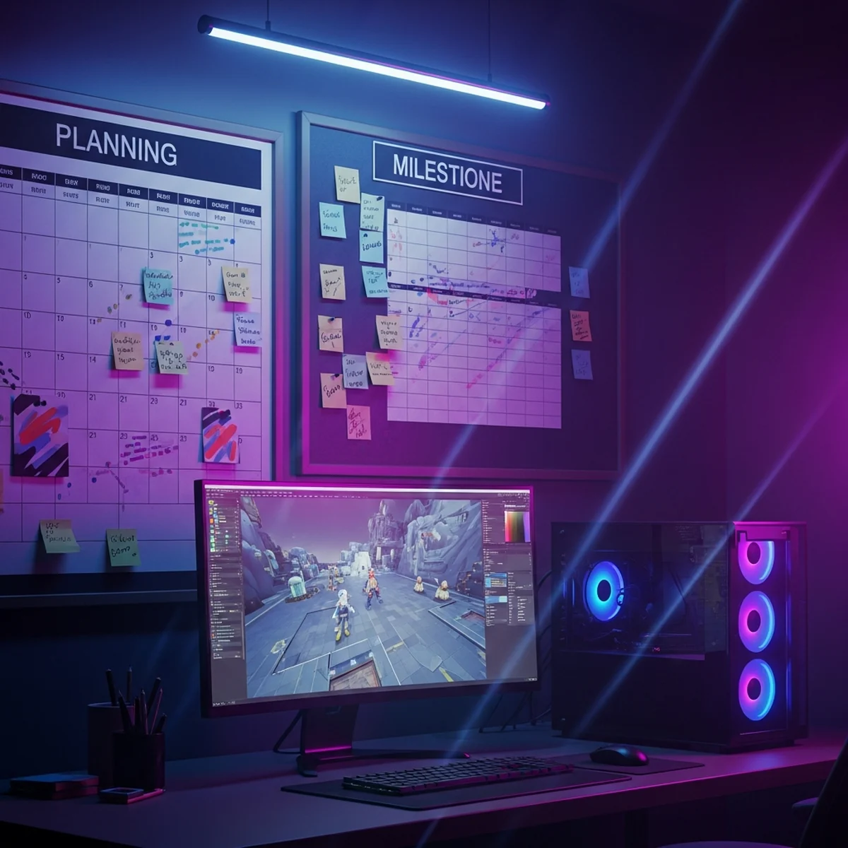 Calendário e quadro de planejamento ao lado de um computador com um jogo em desenvolvimento