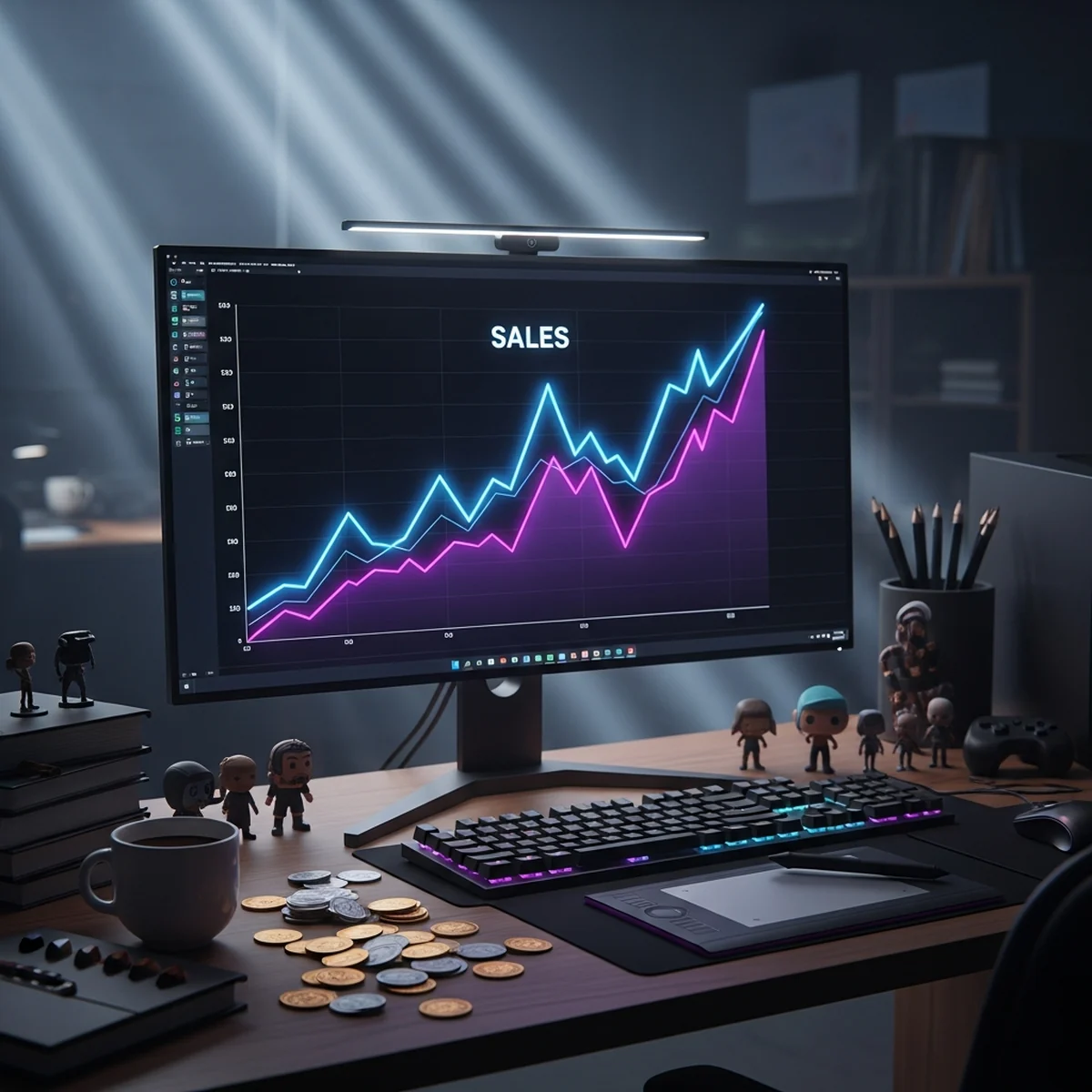 Mesa de trabalho de desenvolvedor com um gráfico de vendas na tela do monitor e moedas empilhadas ao lado do teclado