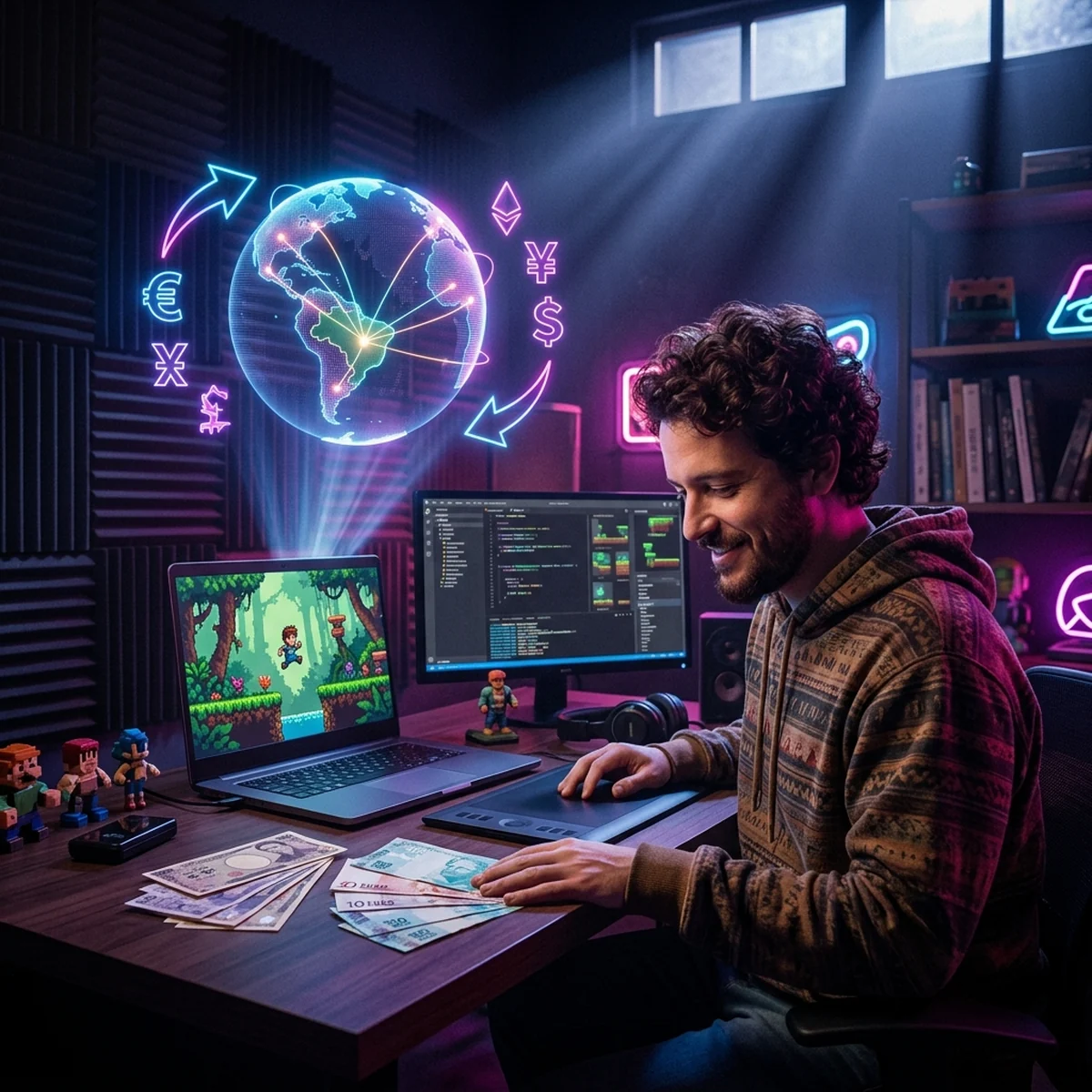 Desenvolvedor de jogos indie brasileiro na mesa recebendo dinheiro do exterior, com globo, setas de câmbio e um laptop mostrando um jogo