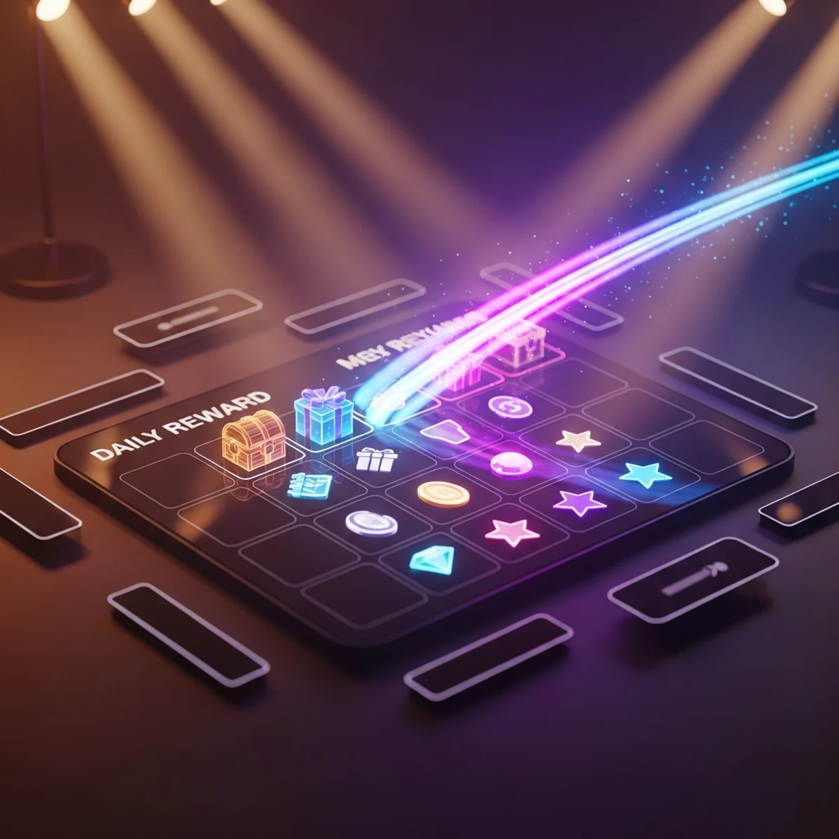 Tela de calendário de recompensas de um jogo mobile com sete casas e um baú aberto na casa do dia atual
