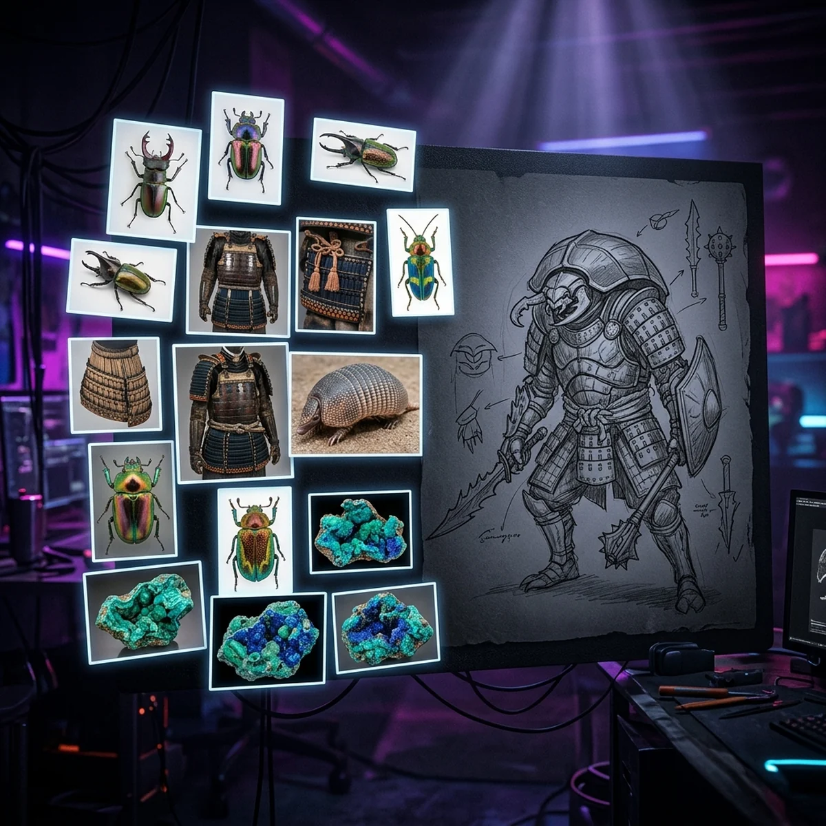 Painel de referências com fotos de animais, rochas e armaduras ao lado de um esboço de criatura inimiga para jogo