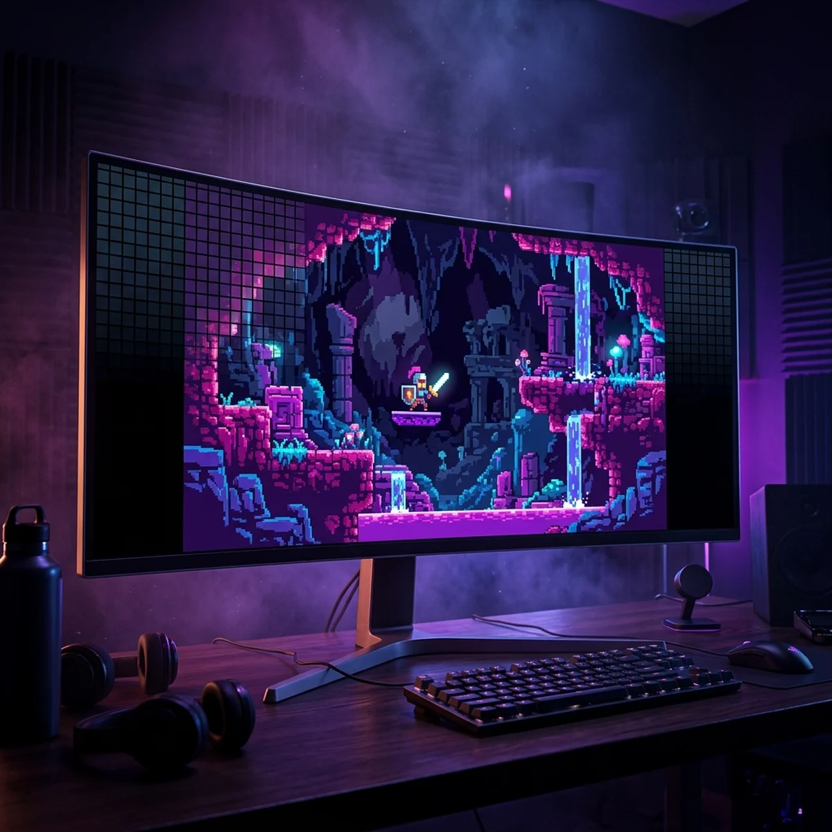 Cena de jogo em pixel art ampliada dentro de um monitor largo com faixas pretas nas laterais