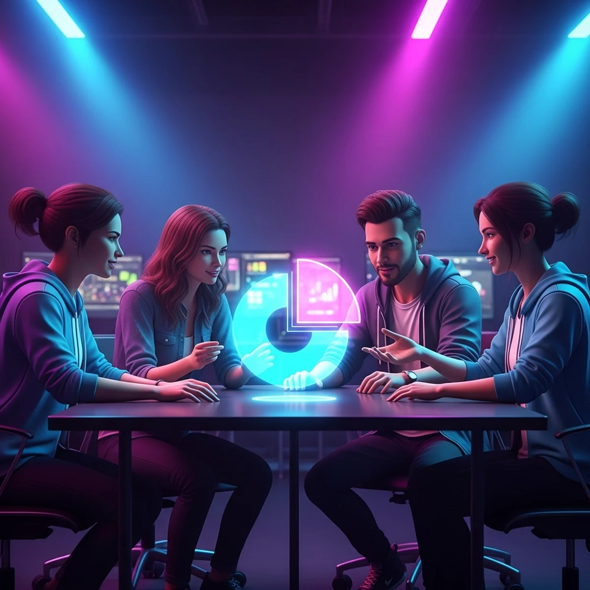 Grupo de desenvolvedores indie reunidos em volta de uma mesa com notebooks e anotações, discutindo a divisão de porcentagens de um projeto de jogo