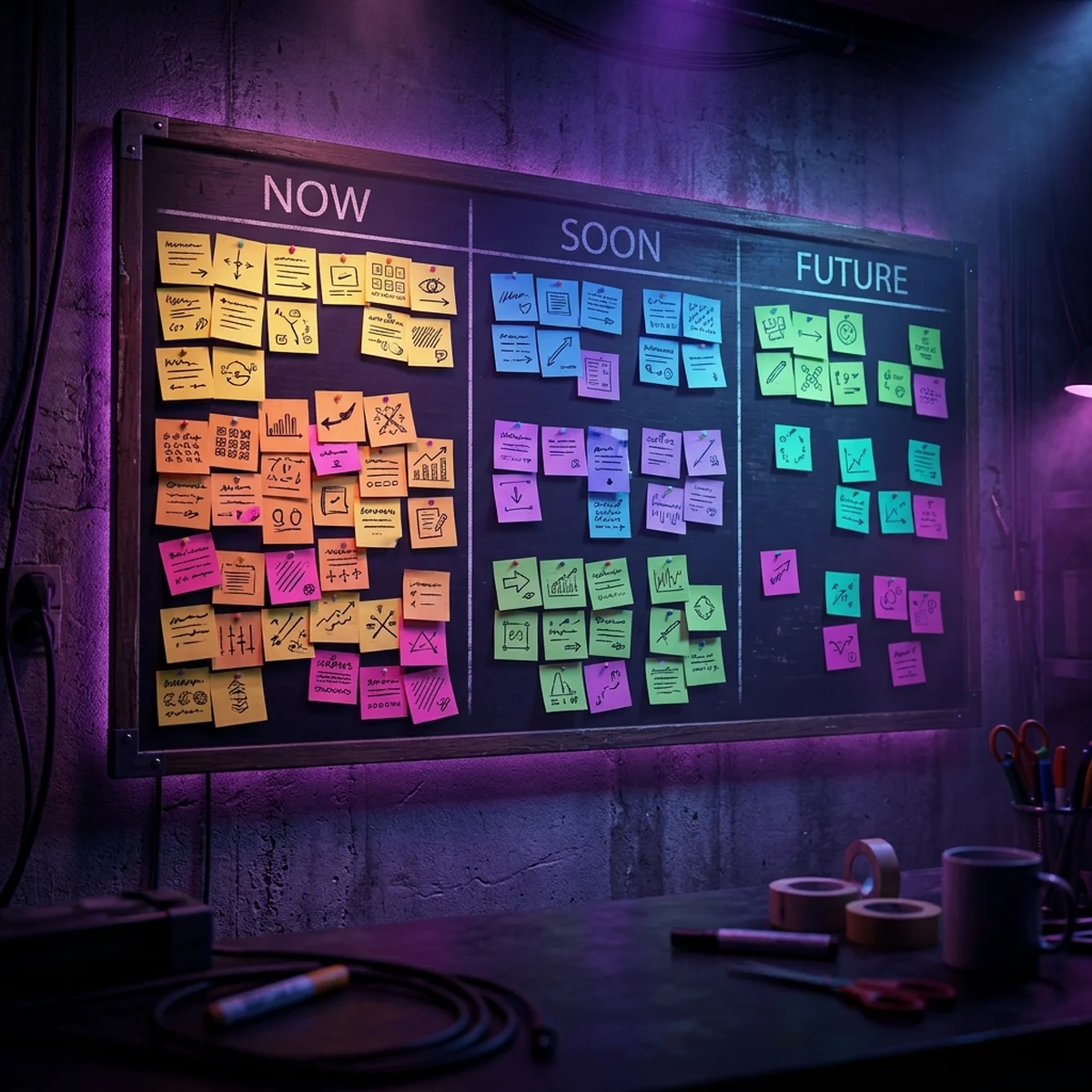 Quadro com colunas de post-its coloridos organizados em fases sobre uma mesa de trabalho