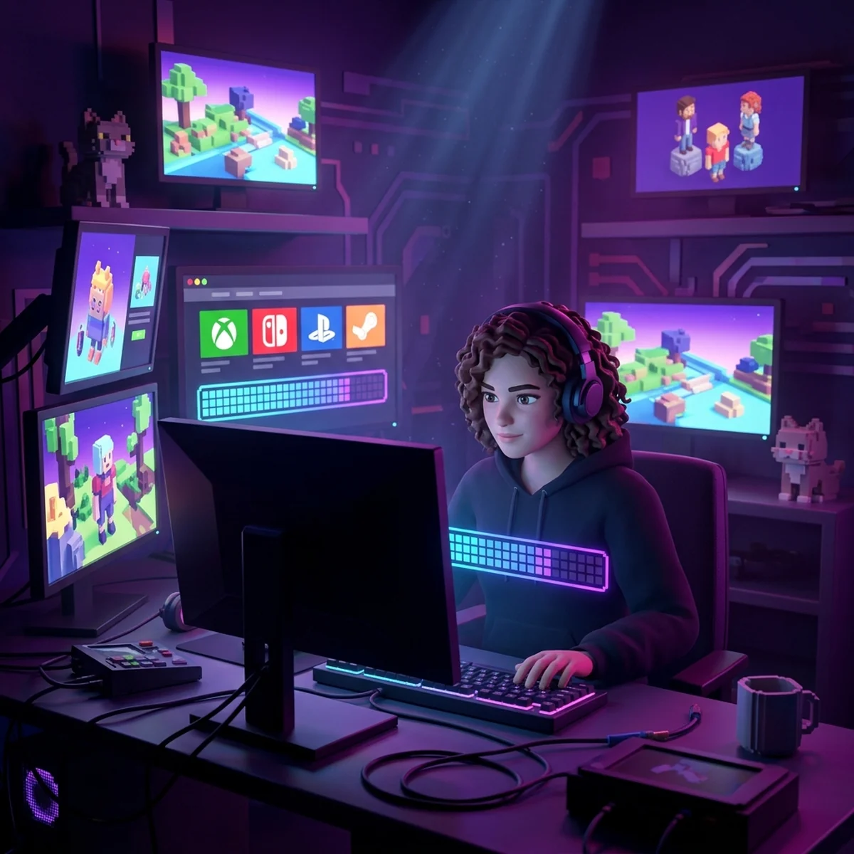 Ilustração do logo do Roblox com setas apontando para logos de Steam, App Store e Google Play