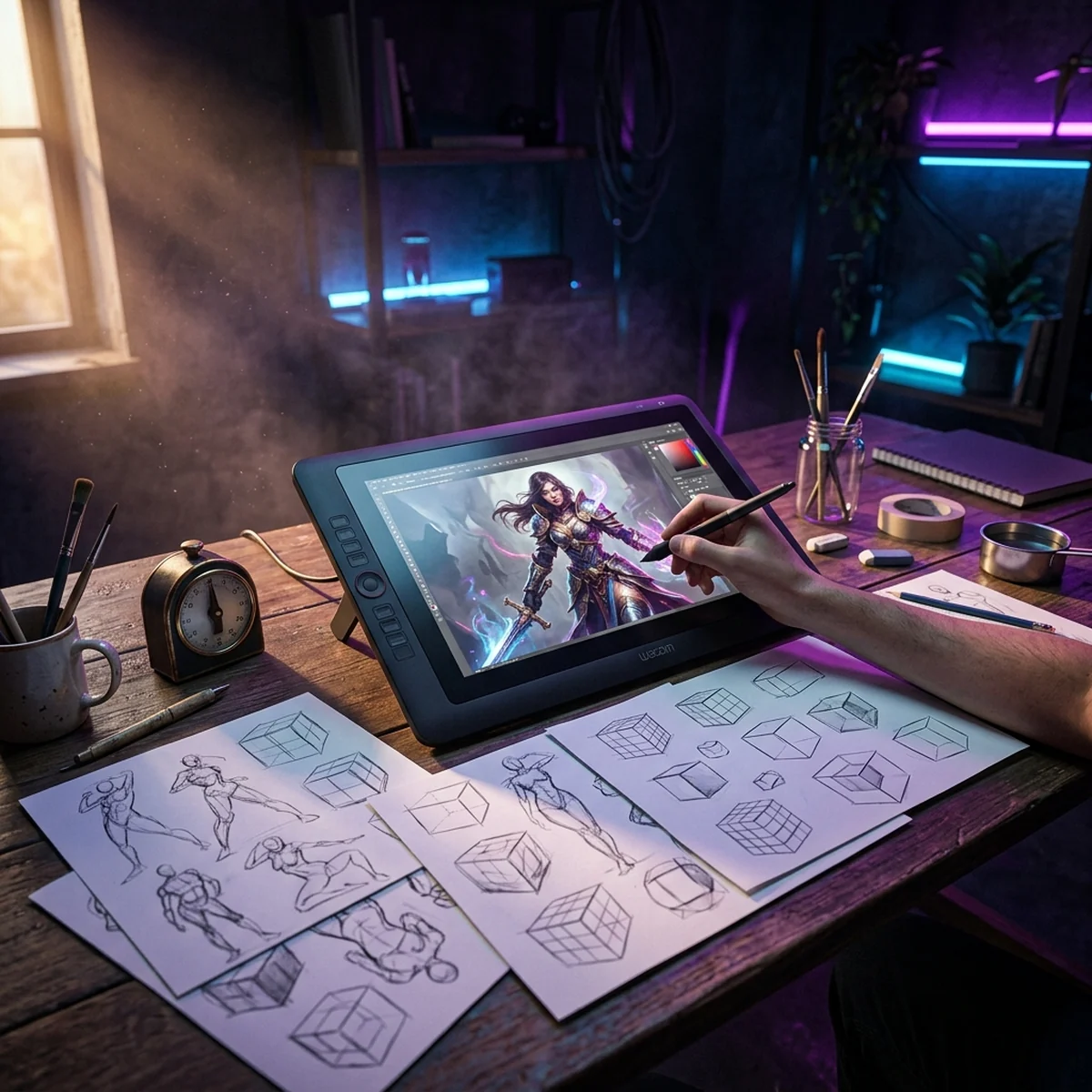 Mesa com mesa digitalizadora, cronômetro e folhas de estudos de gesto, formas e um personagem de jogo em progresso