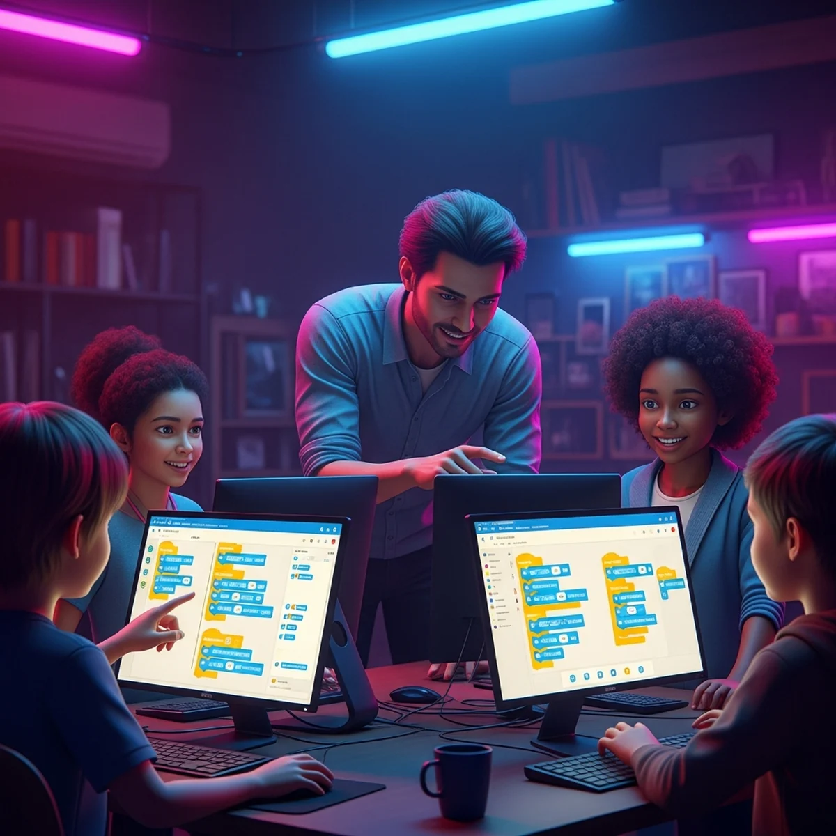 Professora ajudando crianças em computadores numa sala de aula iluminada, com telas mostrando programação em blocos coloridos e jogos simples