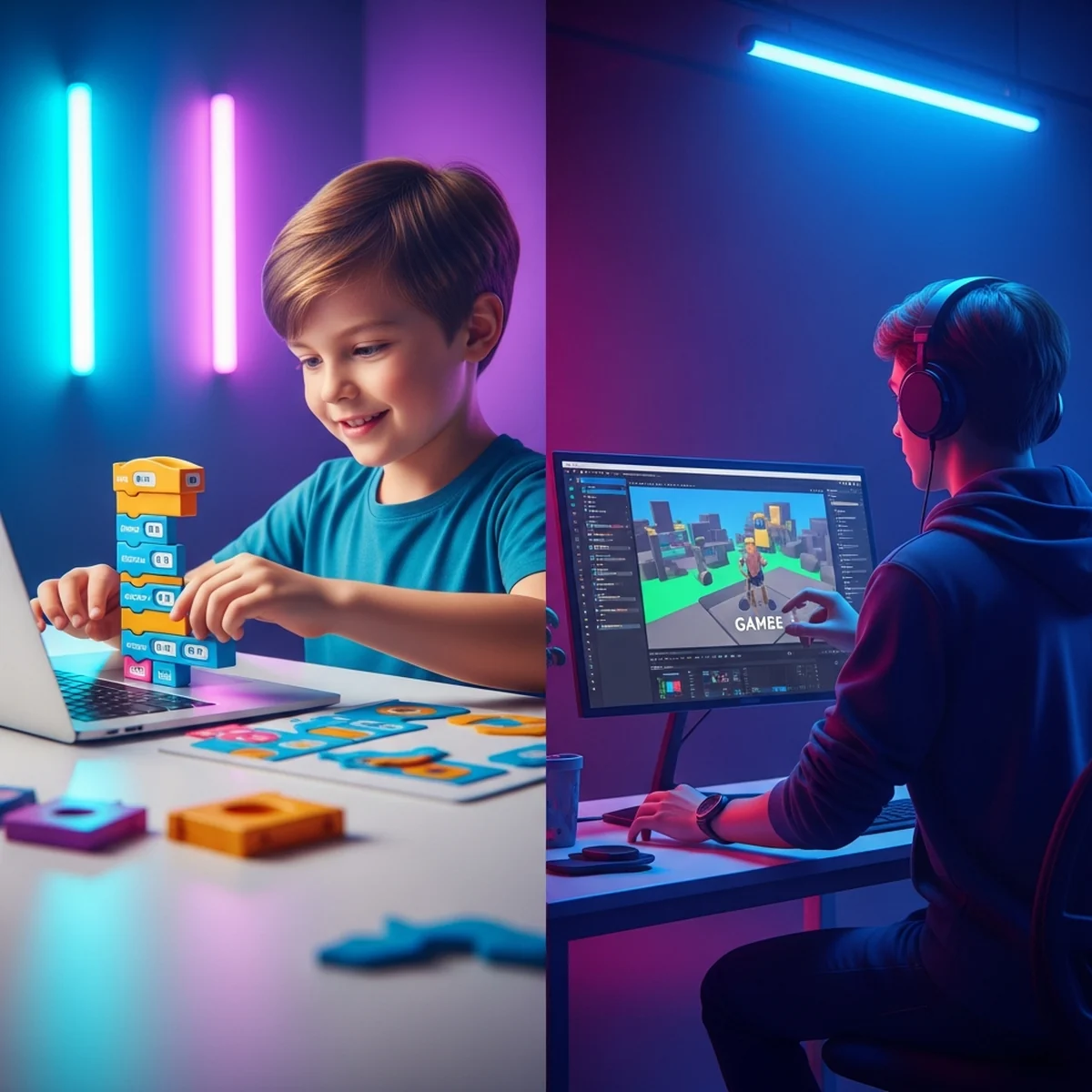 Criança escolhendo entre a interface de blocos do Scratch e o editor do Roblox Studio na tela do computador