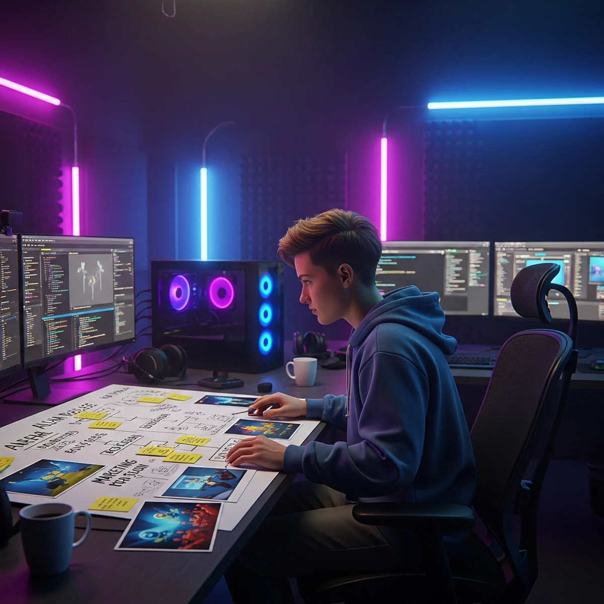 Desenvolvedor indie planejando o segundo jogo em um quadro com anotações do primeiro projeto