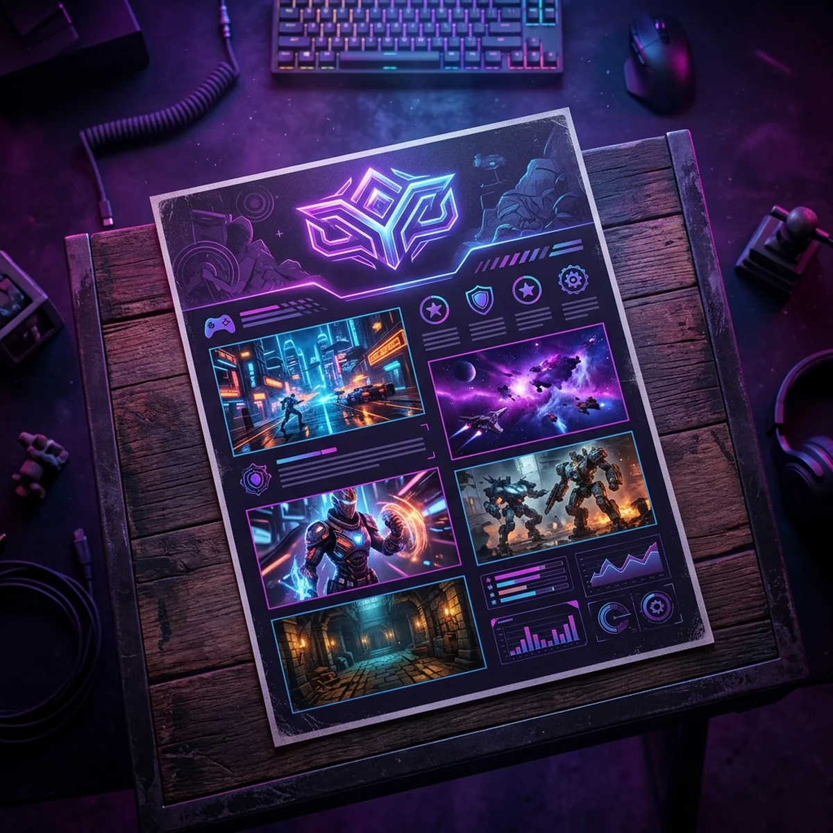 Uma ficha de venda de jogo impressa em uma página apoiada sobre uma mesa de madeira, com logo, tagline e screenshots do jogo visíveis