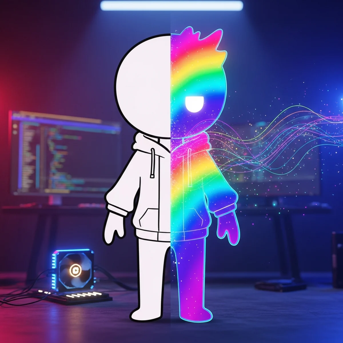 Personagem de jogo dividido ao meio mostrando o antes e depois de efeitos de shader no Godot