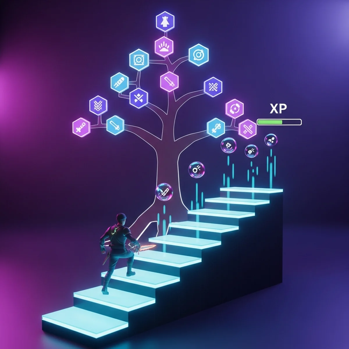 Personagem subindo uma escadaria de níveis com uma árvore de habilidades ao fundo