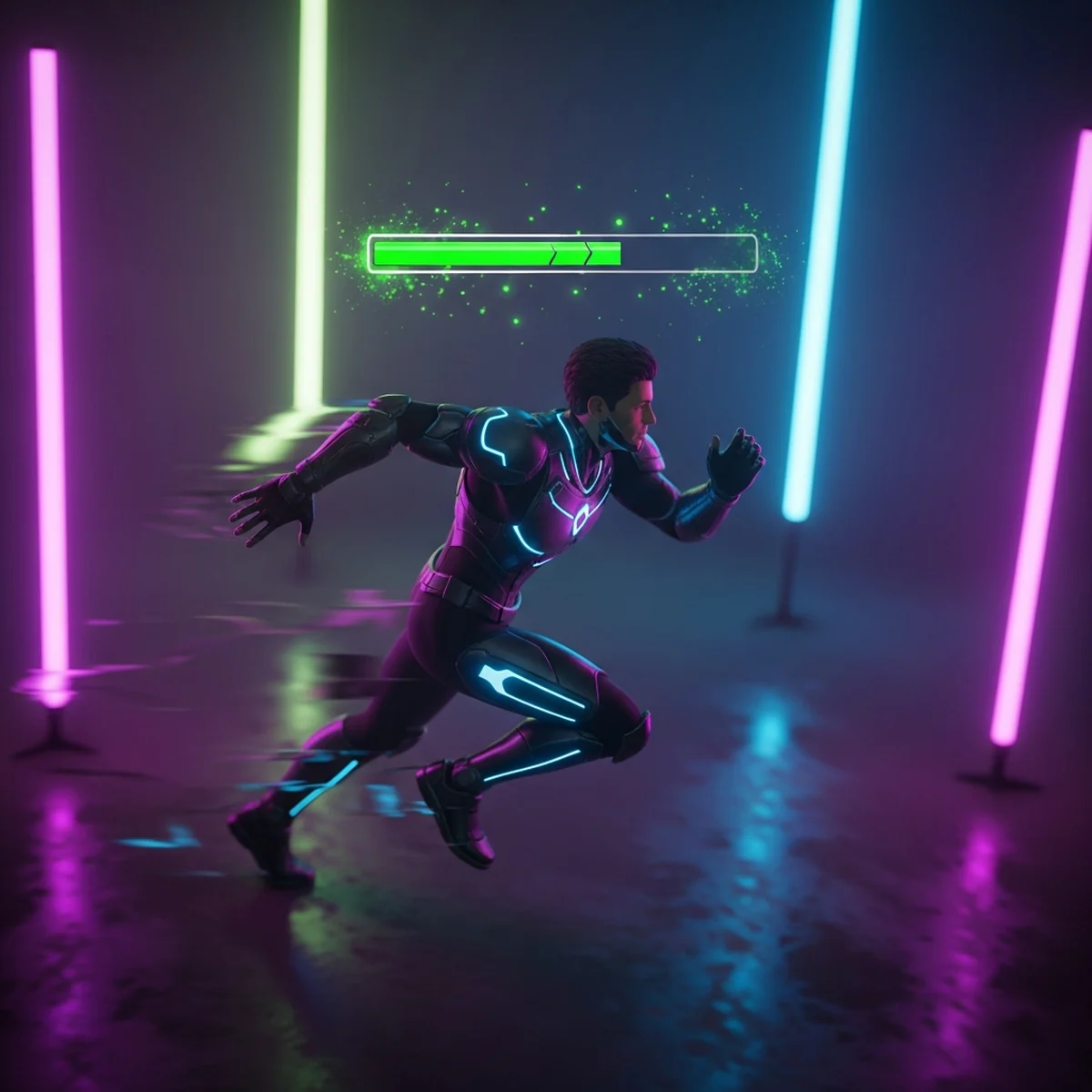 Personagem de jogo correndo com uma barra de stamina verde se esvaziando acima da cabeça