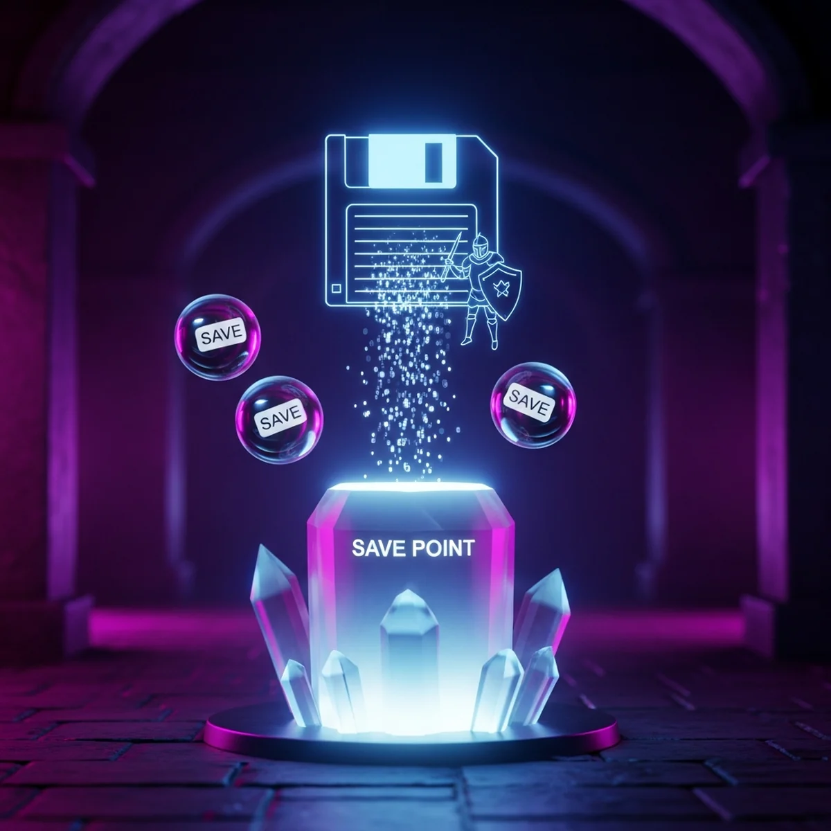 Ilustração de um sistema de save e load em um jogo feito no Godot, com slots de salvamento e dados sendo gravados
