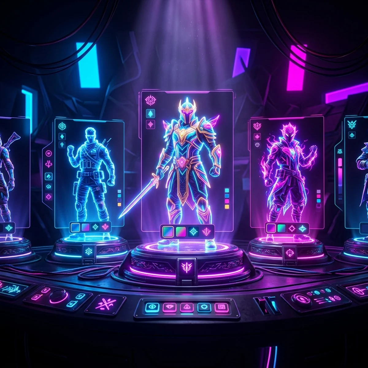 Tela de loja de itens cosméticos de um jogo estilizado, com skins de personagem brilhantes e variantes de cor em exibição numa interface vibrante