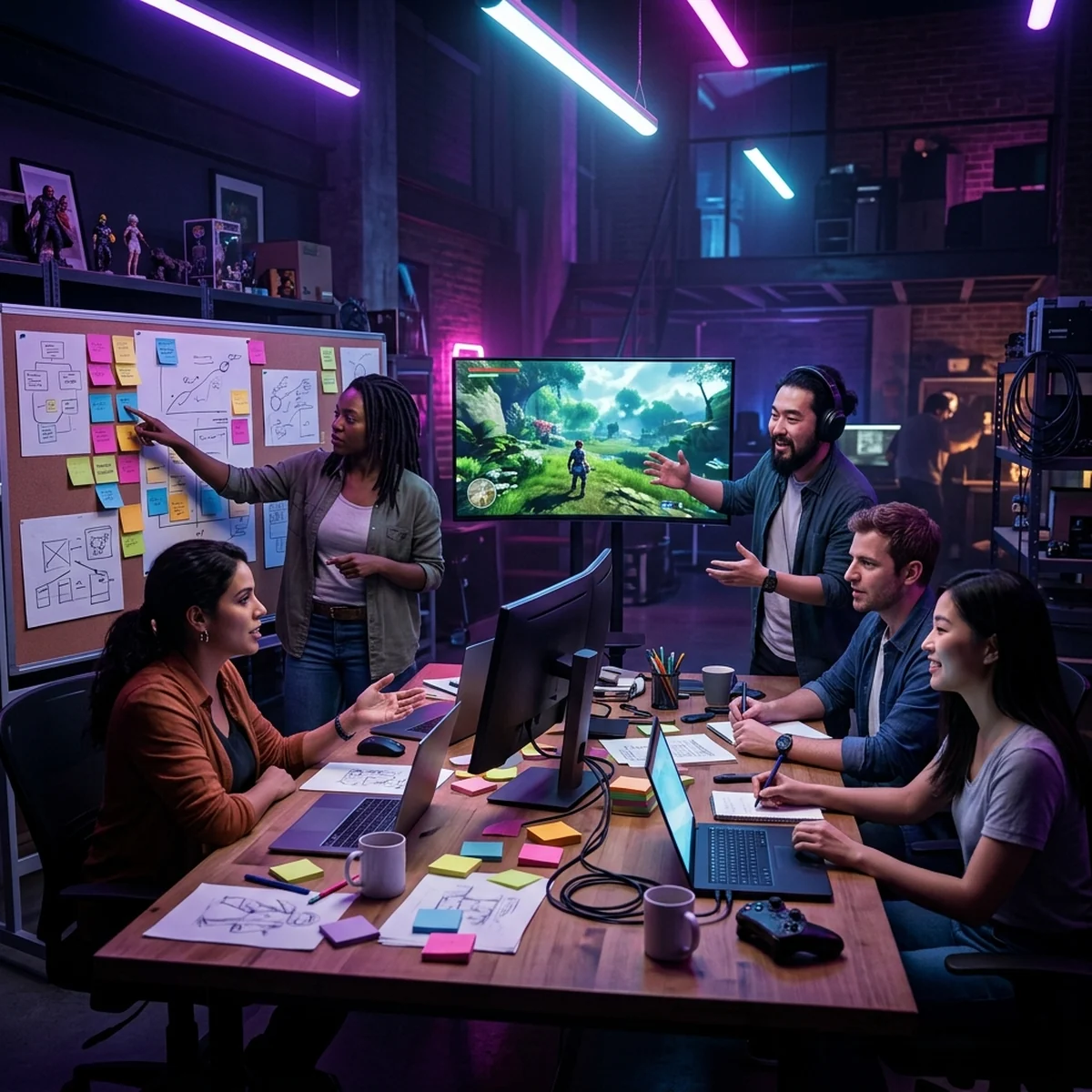 Equipe de desenvolvimento de jogos reunida em volta de uma mesa com post-its e uma tela compartilhada