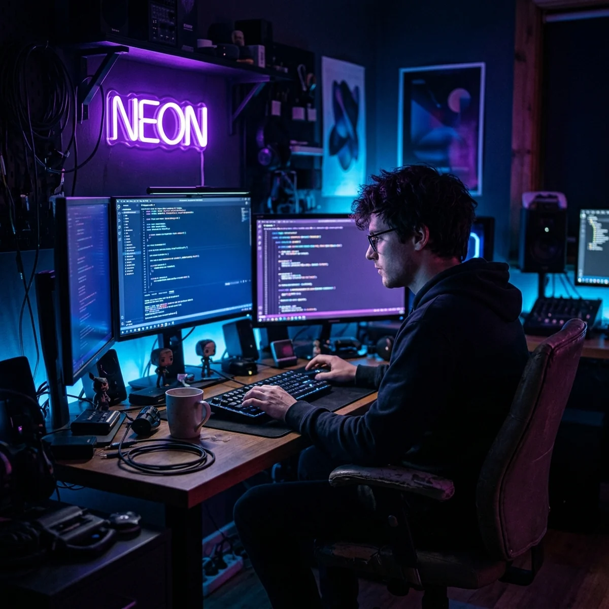 Desenvolvedor solitário programando um jogo em um quarto iluminado por luzes neon azuis e roxas