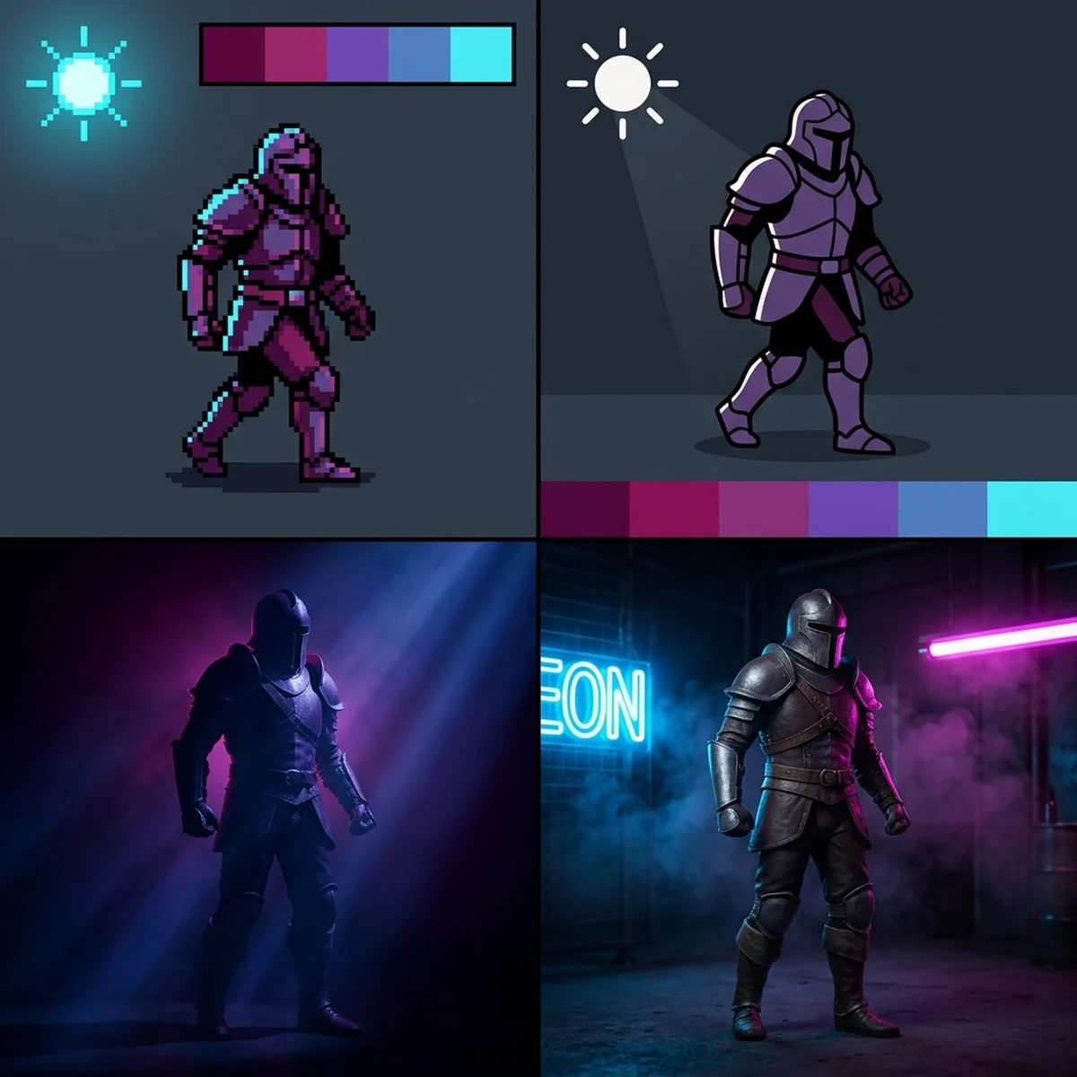 Sprite de pixel art mostrando luz e sombra aplicadas a partir de uma fonte de luz, com planos claros e escuros no volume