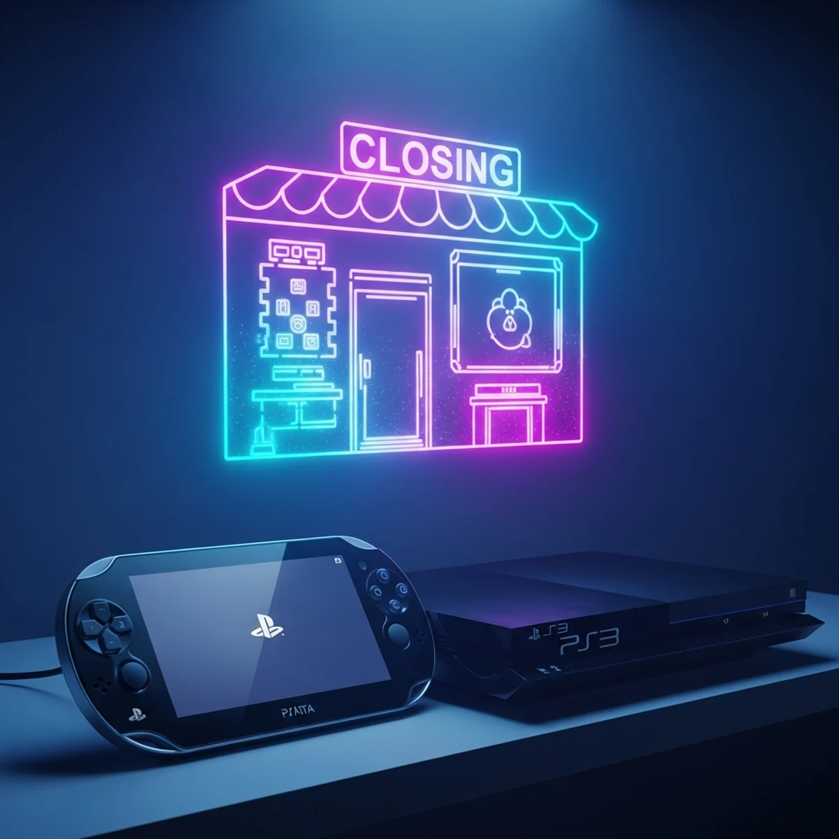 Console PS3 e um PS Vita em uma prateleira, com o holograma de uma loja digital se apagando acima deles