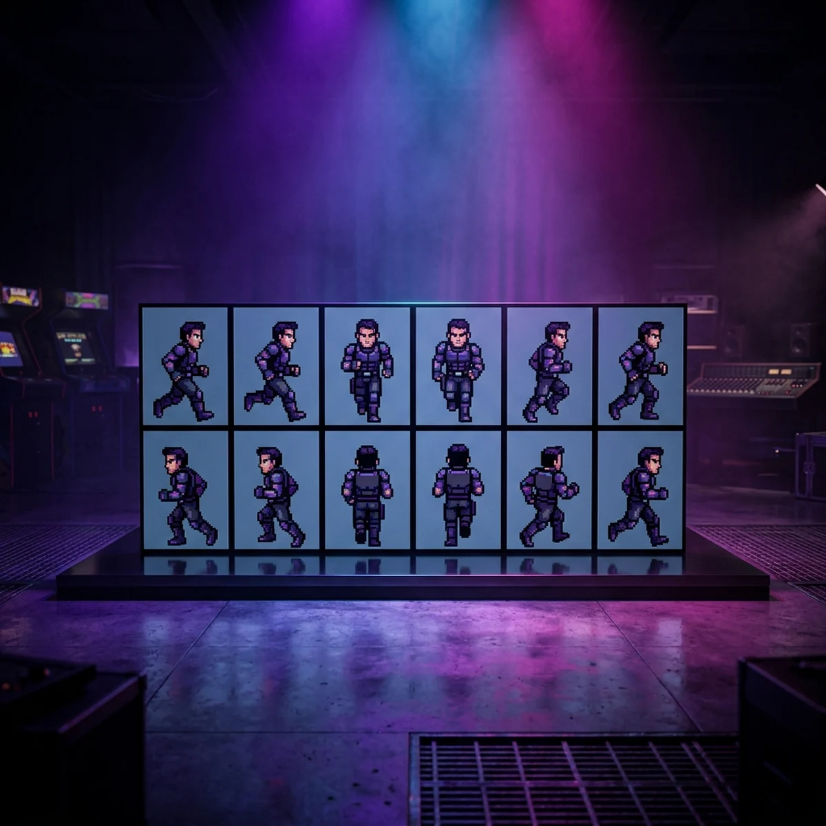 Sprite sheet em pixel art mostrando os frames do ciclo de corrida de um personagem organizados numa grade