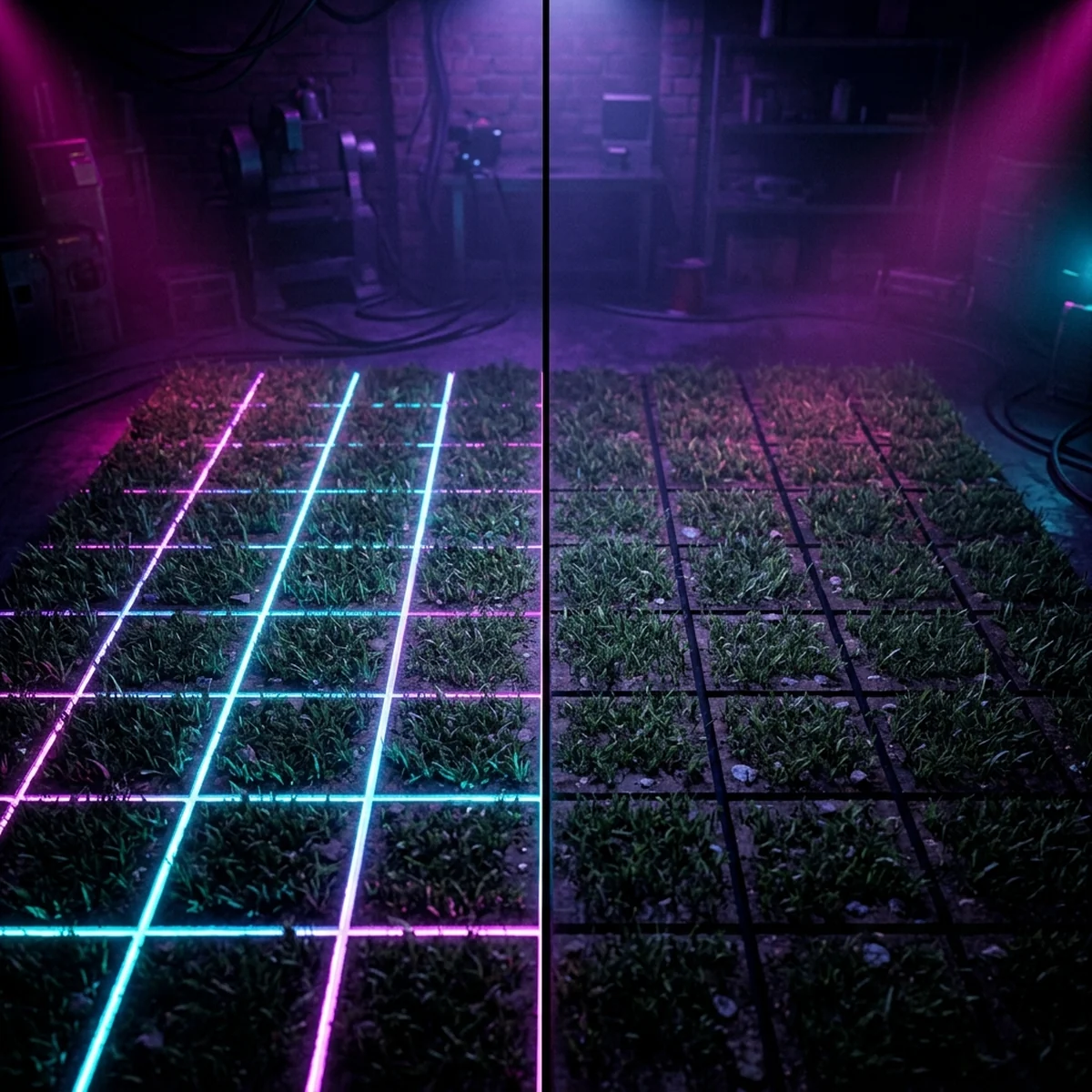 Chão de tiles em pixel art com finas linhas claras entre os blocos de um lado e o mesmo chão contínuo e limpo do outro