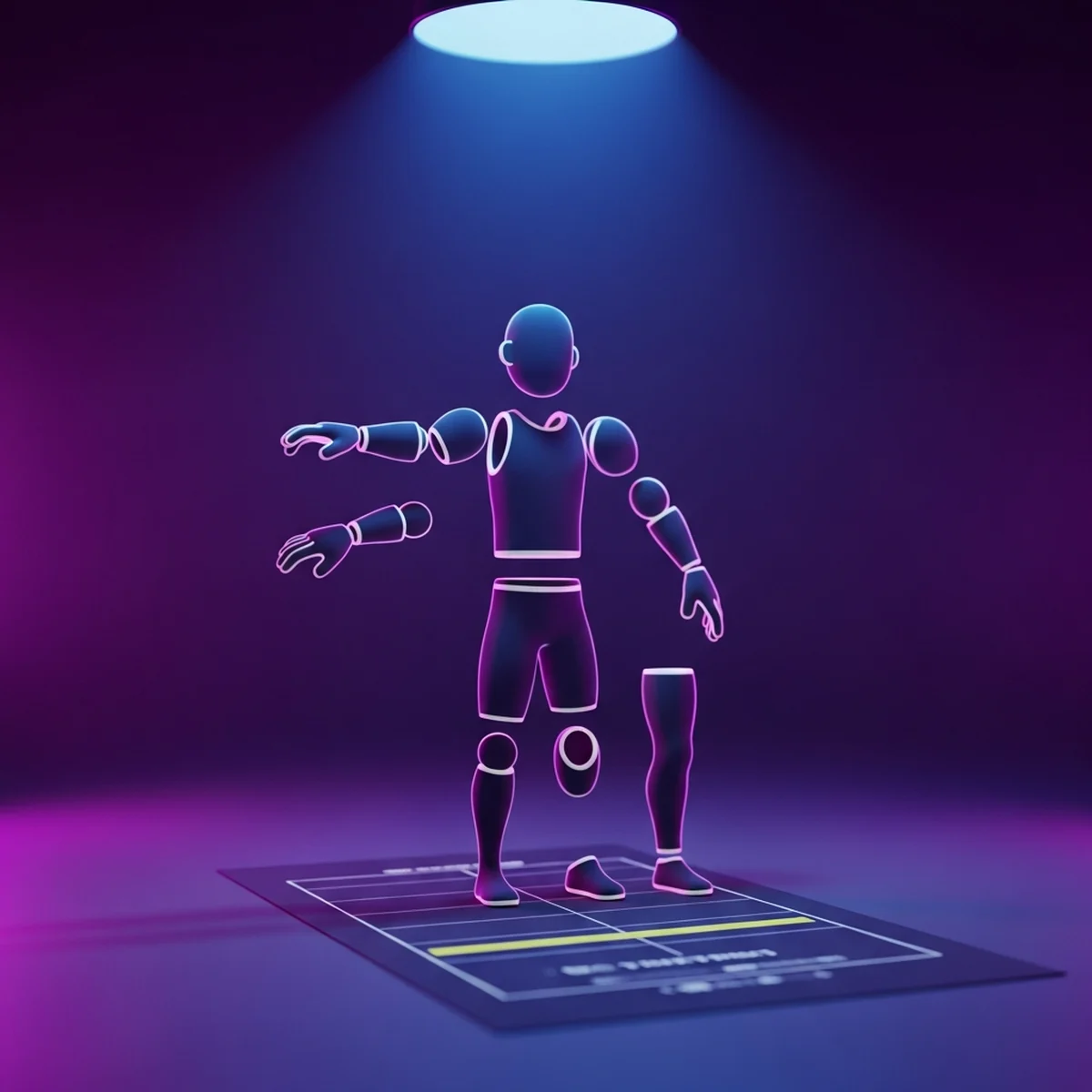 Personagem 2D montado com peças separadas de braço, perna e cabeça, cada peça girando e se movendo em torno de pivôs sobre uma timeline de animação