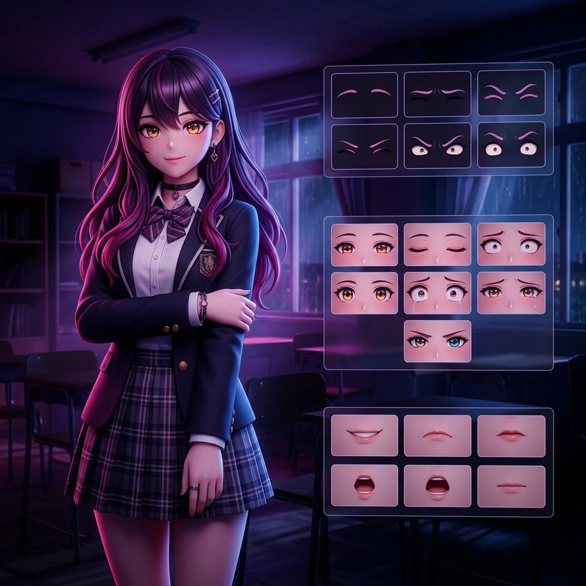Personagem de visual novel em meio corpo com variações de olhos, sobrancelhas e bocas separadas em camadas ao lado
