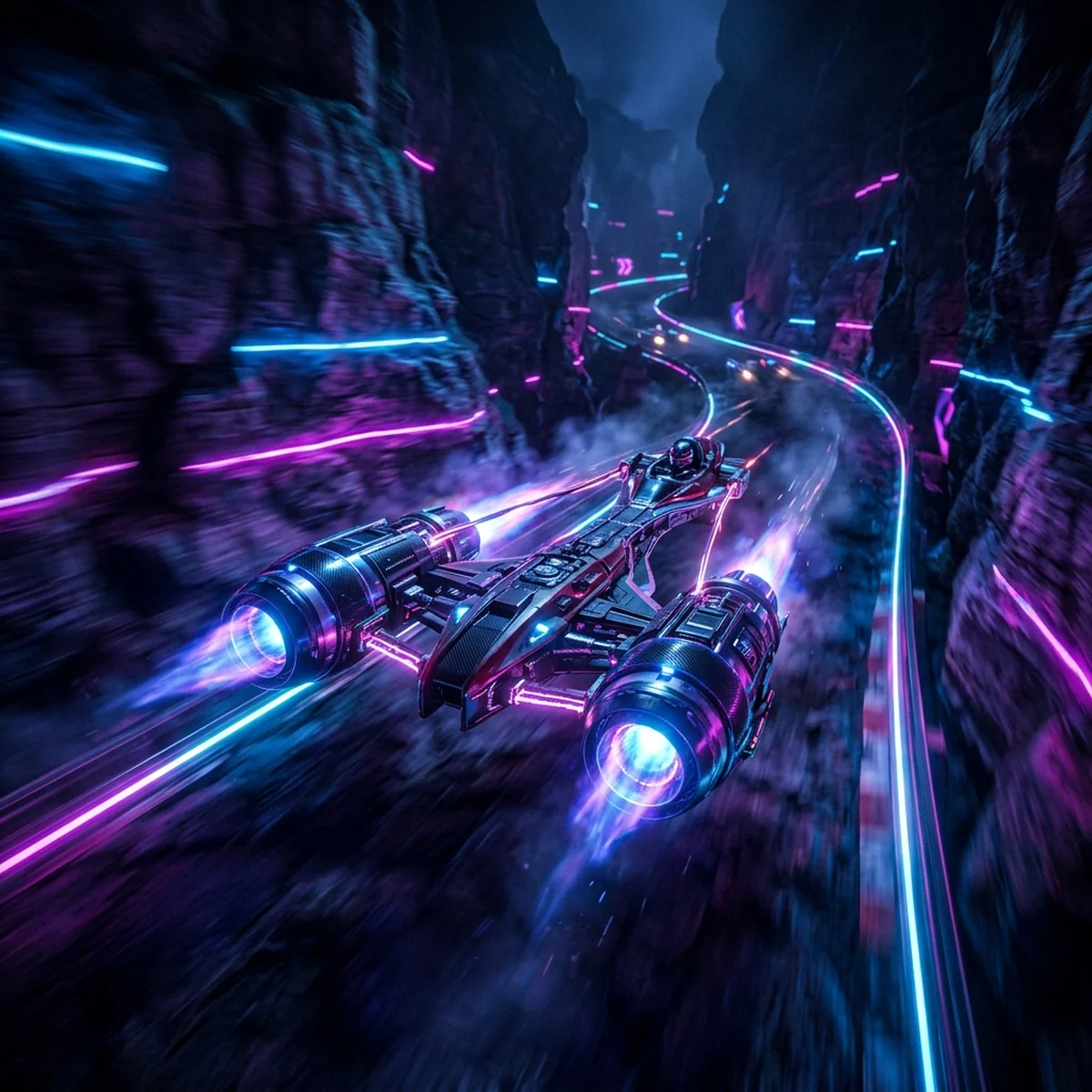 Corrida futurista em alta velocidade com veículos estilo podracer disputando um circuito, rastros de luz e poeira no ar