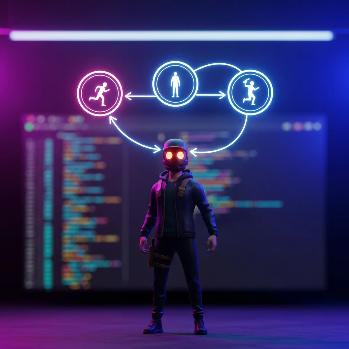 Diagrama de máquina de estados conectando os estados de um personagem de jogo no Godot