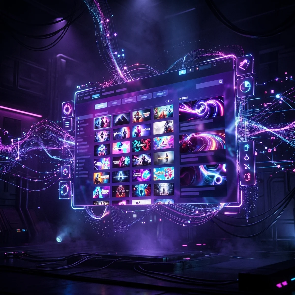 Tela da loja Steam com a aba de descontos e eventos preenchida por capas de jogos variados e linhas de dados fluindo entre elas, sugerindo recomendacao automatica por usuario