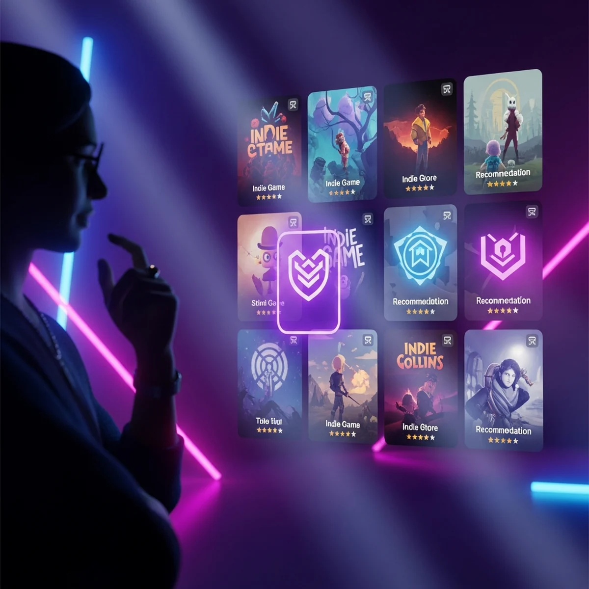 Mão segurando um cartão estilo gibi com selo de aprovação ao lado de uma prateleira de jogos iluminada