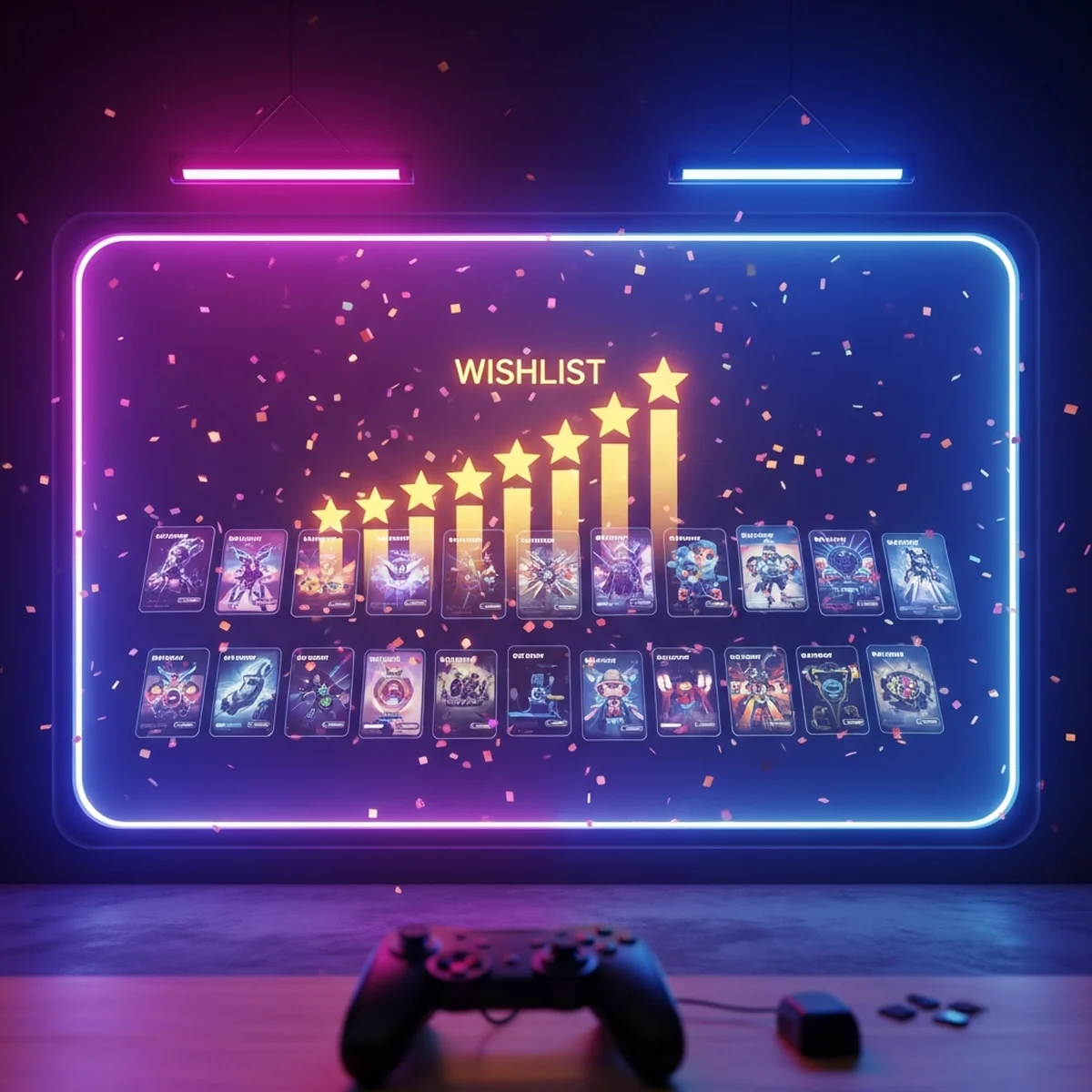 Cena estilizada de um festival digital de demos na Steam com um controle e gráficos de wishlist subindo