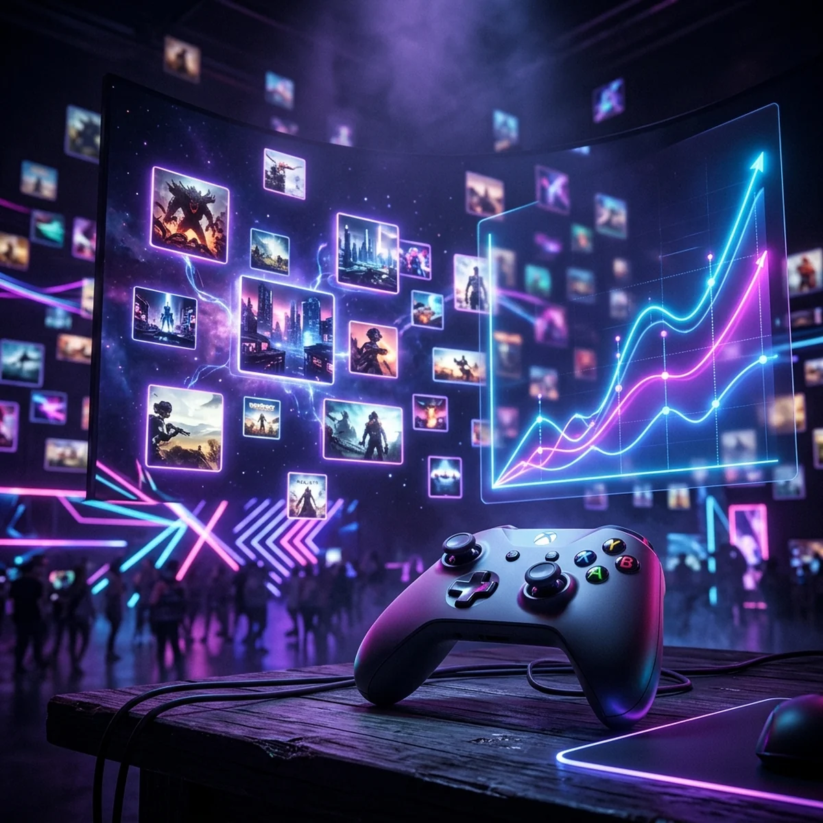 Festival digital de demos na Steam com controle de videogame e gráfico de wishlists subindo em luzes neon
