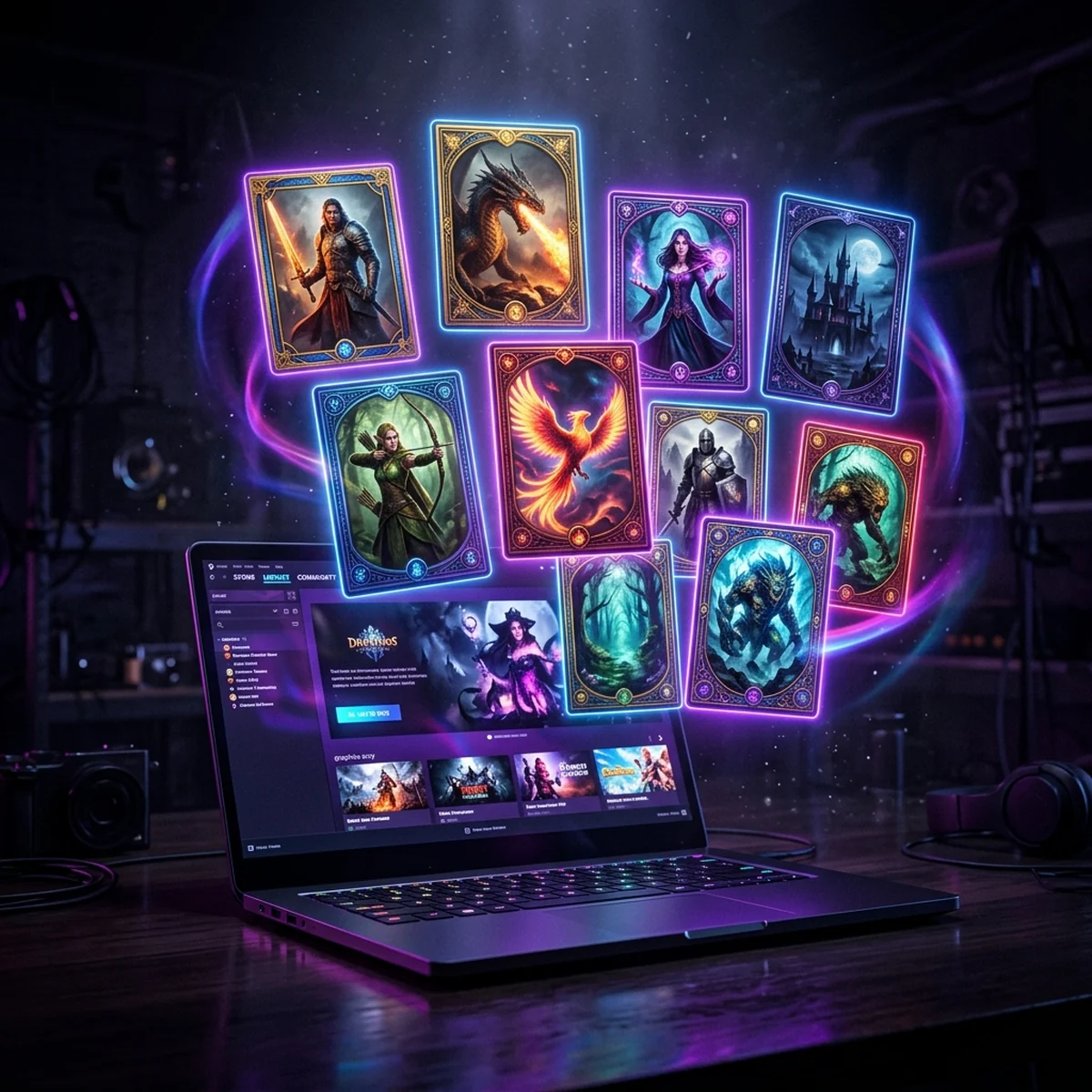 Cartas colecionáveis digitais flutuando sobre a interface de uma loja de jogos, representando as Steam Trading Cards