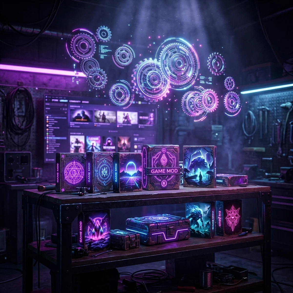 Prateleira virtual de mods e mapas criados pela comunidade flutuando sobre a interface de uma loja de jogos, representando o Steam Workshop