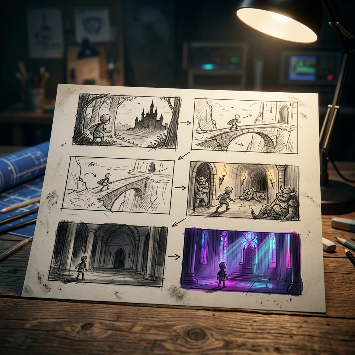 Folha de storyboard com seis quadros desenhados a lápis mostrando um herói 2D chegando a um castelo
