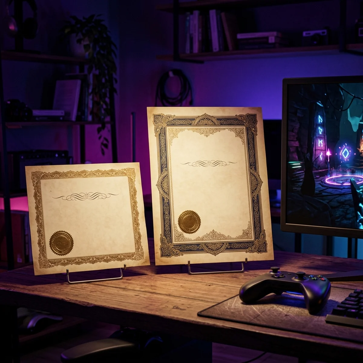 Dois diplomas lado a lado, um de tecnólogo e outro de bacharelado, com um controle de videogame e um protótipo de jogo na mesa