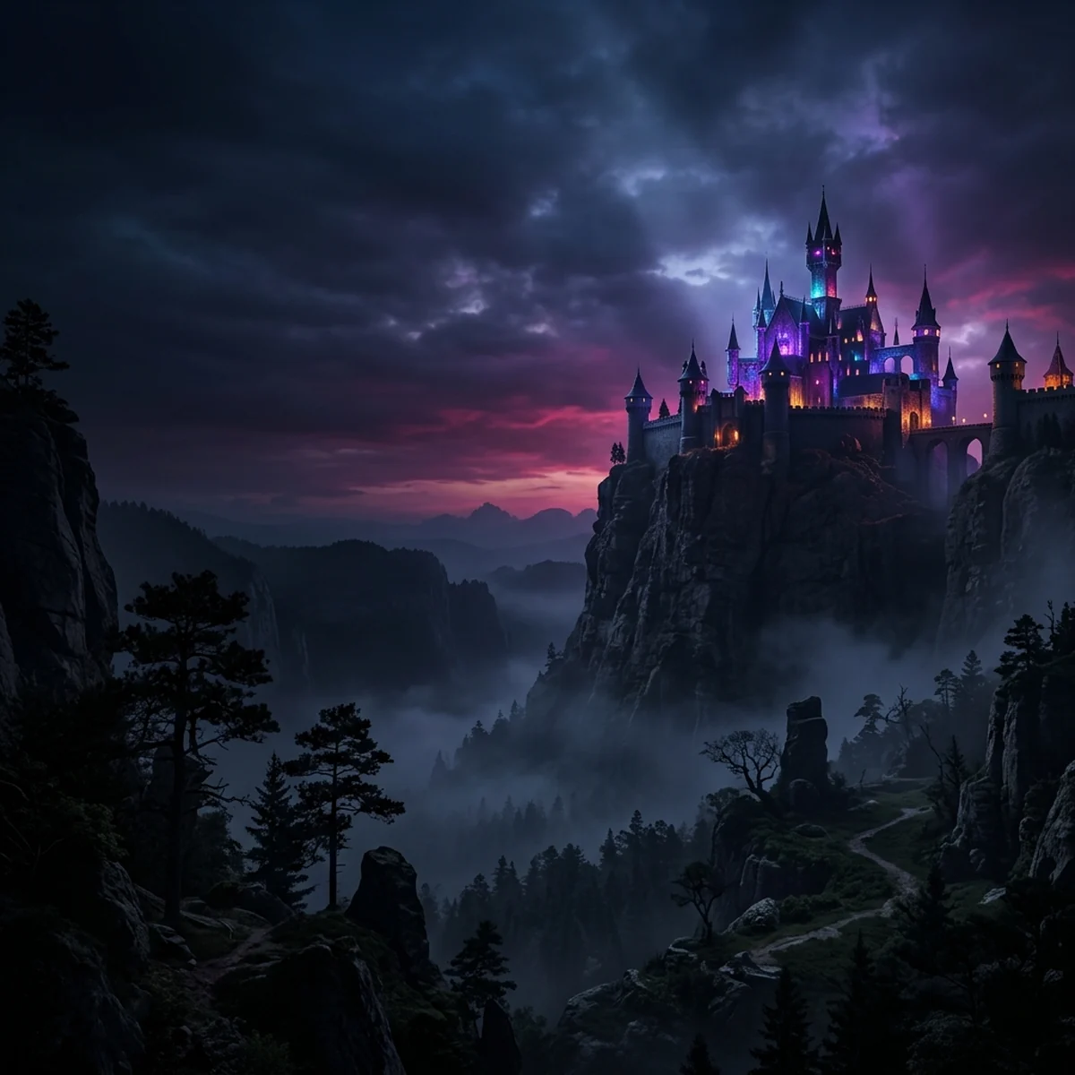 Arte de fundo de tela de título com castelo distante à direita e área escura e limpa à esquerda reservada para logo e menu