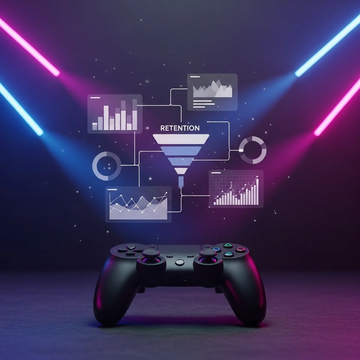 Desenvolvedor olhando um painel com gráficos de retenção e funil de progressão de um jogo