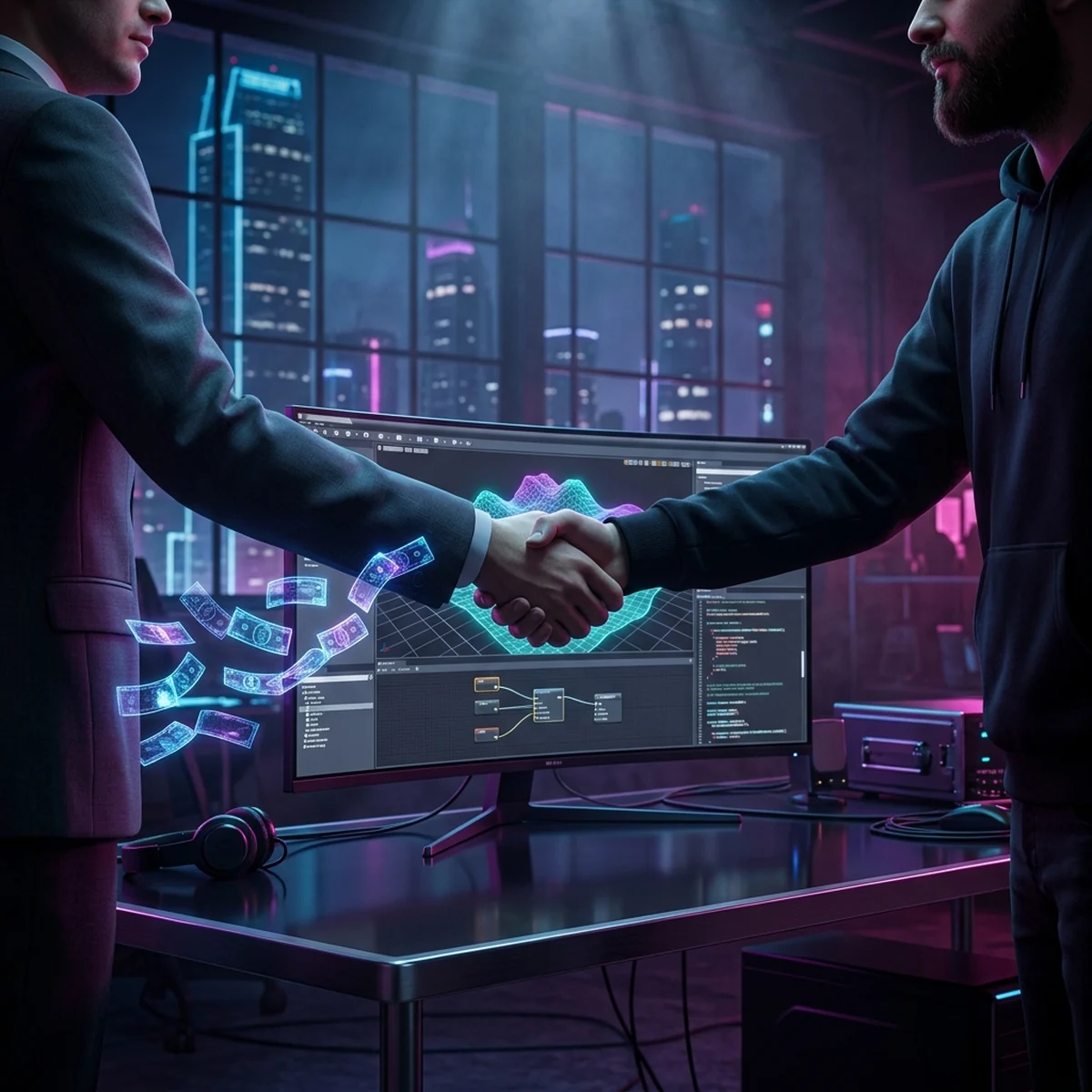 Logo do robô da Godot Engine ao lado de um gráfico de crescimento e moedas, representando o investimento da Tencent na W4 Games