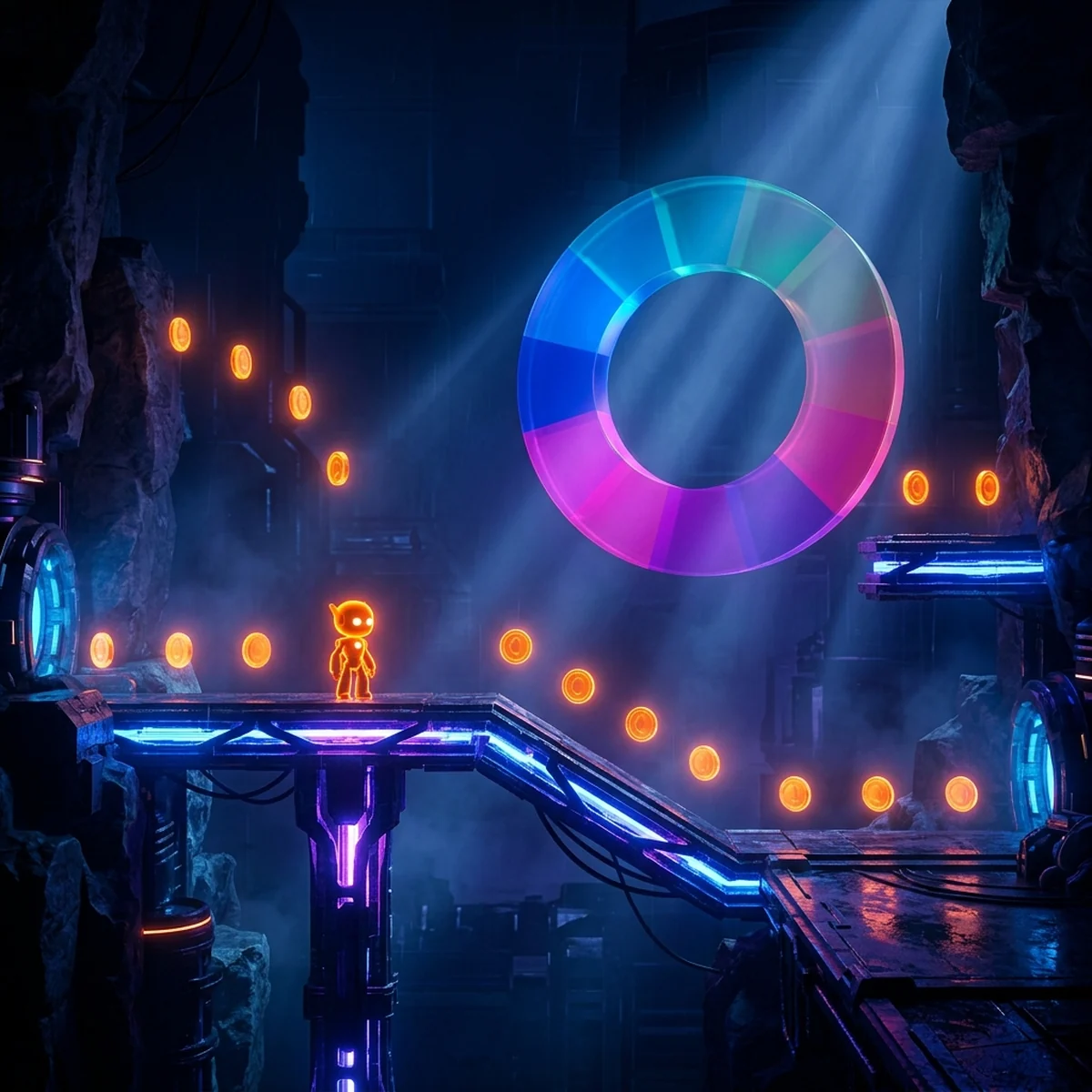 Cena de jogo 2D com personagem laranja se destacando de um cenário azul, ao lado de um círculo cromático