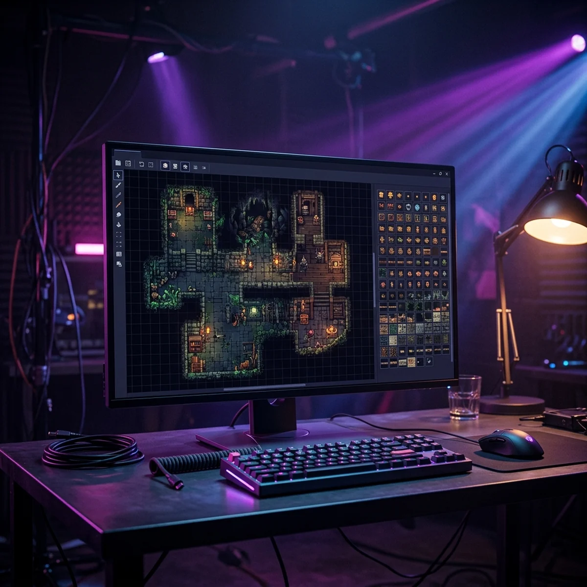Editor de mapas 2D em tiles mostrando um nível top-down de pixel art sendo montado, com a paleta de tileset ao lado