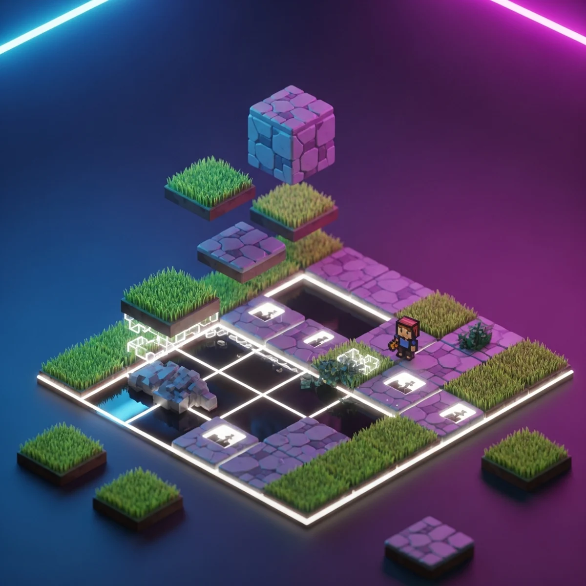 Editor de mapas 2D em tiles mostrando um cenário de plataforma sendo montado peça por peça